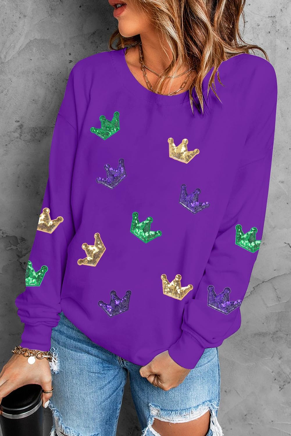 MOUSYA Mardi Gras Sequin Crown Sweatshirt Woman Fat Tuesday Shirt Saints New Orleans Party Shirts Long Sleeve Casual Tops - Image 4
