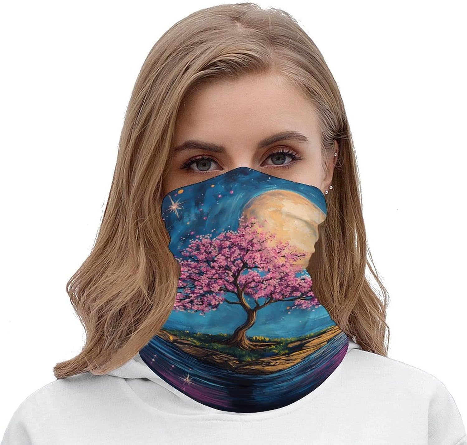 Cherries Trees Moon Moonlight Lake Neck Gaiter Windproof Face Mask Bandanas for Men Women Cold Weather Scarf