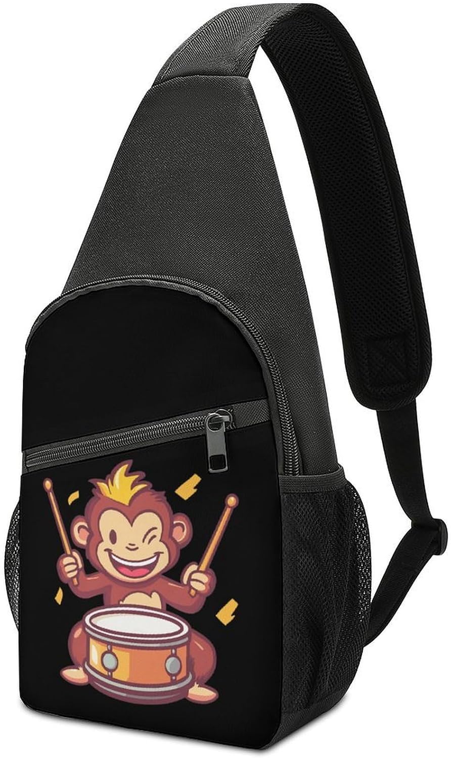 Playful Monkey Playing Drums Crossbody Sling Backpack Chest Bag Daypack | unisex,trendy,with convertible and detachable shoulder strap,side pockets