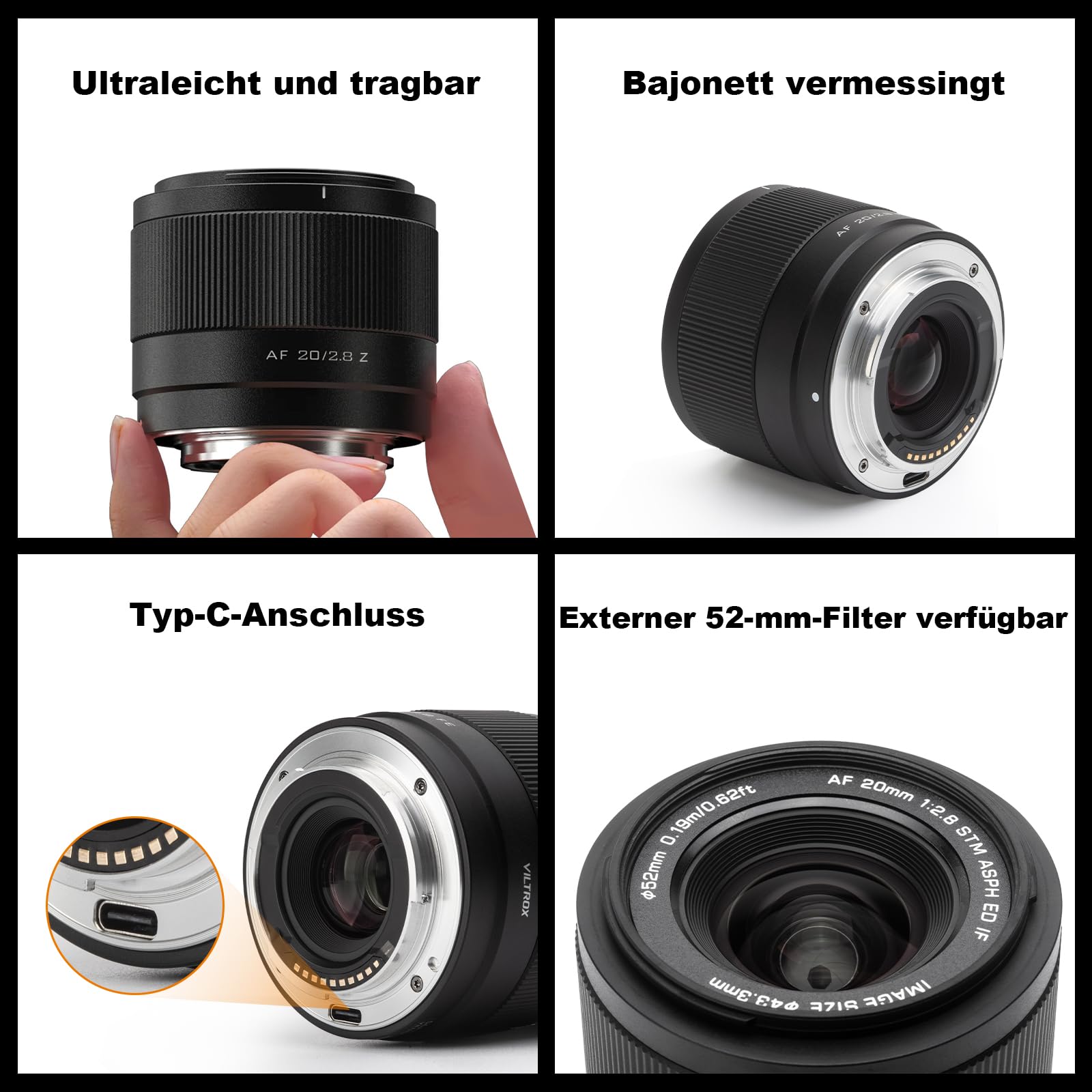 VILTROX 20MM F2.8, Obiettivo AF Full Frame 20MM F/2.8 Z Mount per NIKON Z Mount,obiettivo grandangolare Prime per NIKON Z Mount Z5 Z50 Z6 Z6II Z6III Z7 Z7II ZFC Z30 Z9 Z8 ZF