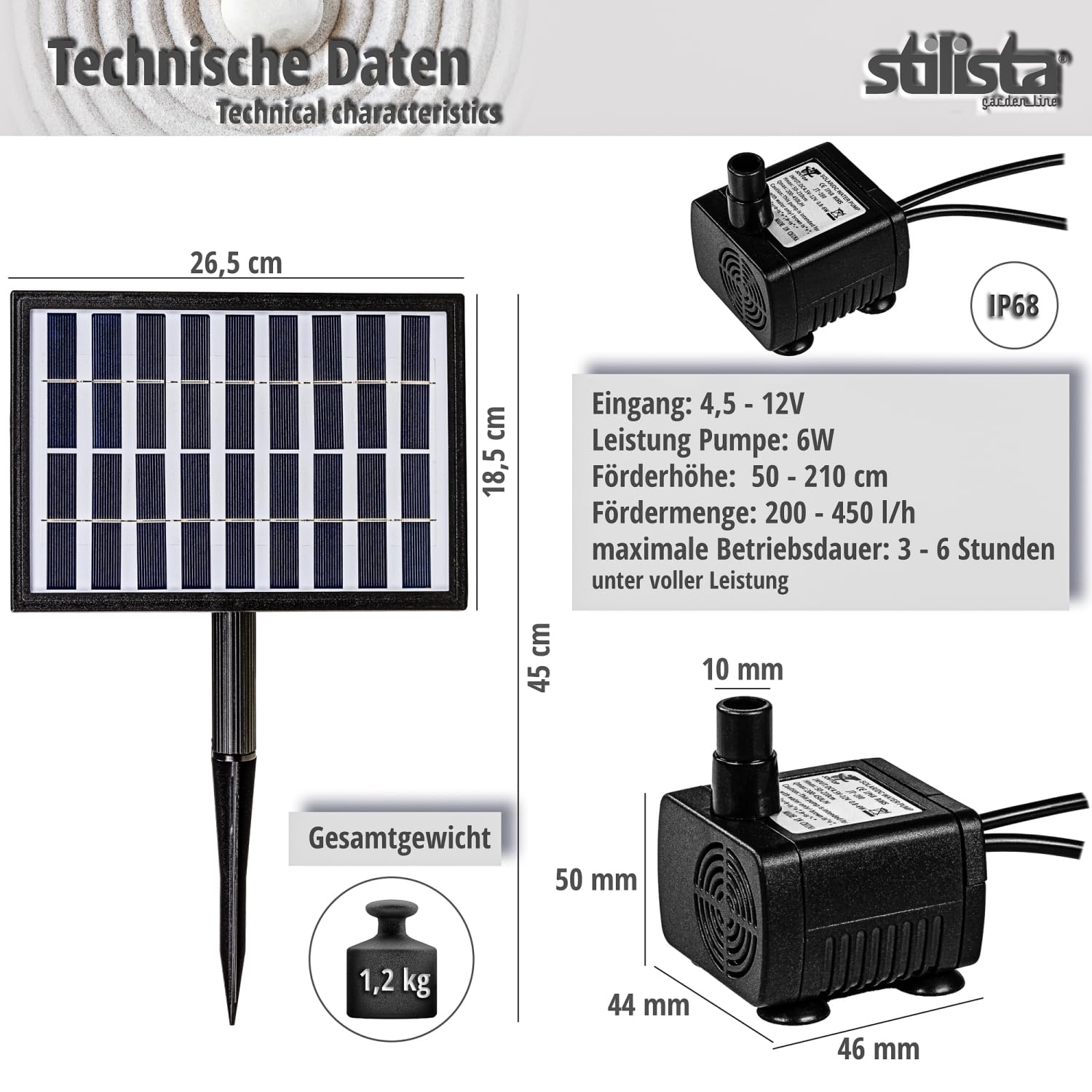 STILISTA Solarpumpe 5 W, Förderhöhe bis 120 cm, Fördermenge bis 450 l/h