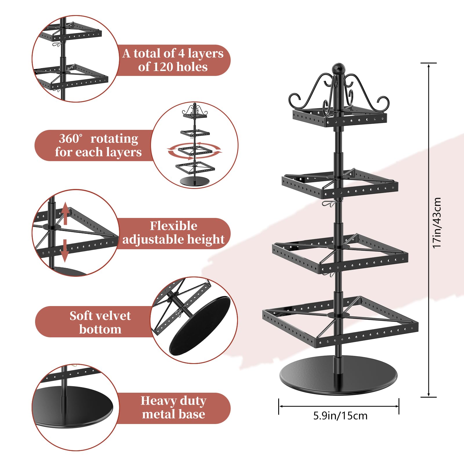 MODOWEY 4 Tier Metal Rotating Earring Holder Organizer Tree Spinning Display Stand Rack, 112 Holes Adjustable Large Storage for Women Girl Stud Dangle Hoop, Find Earrings Easily(Square, Black)
