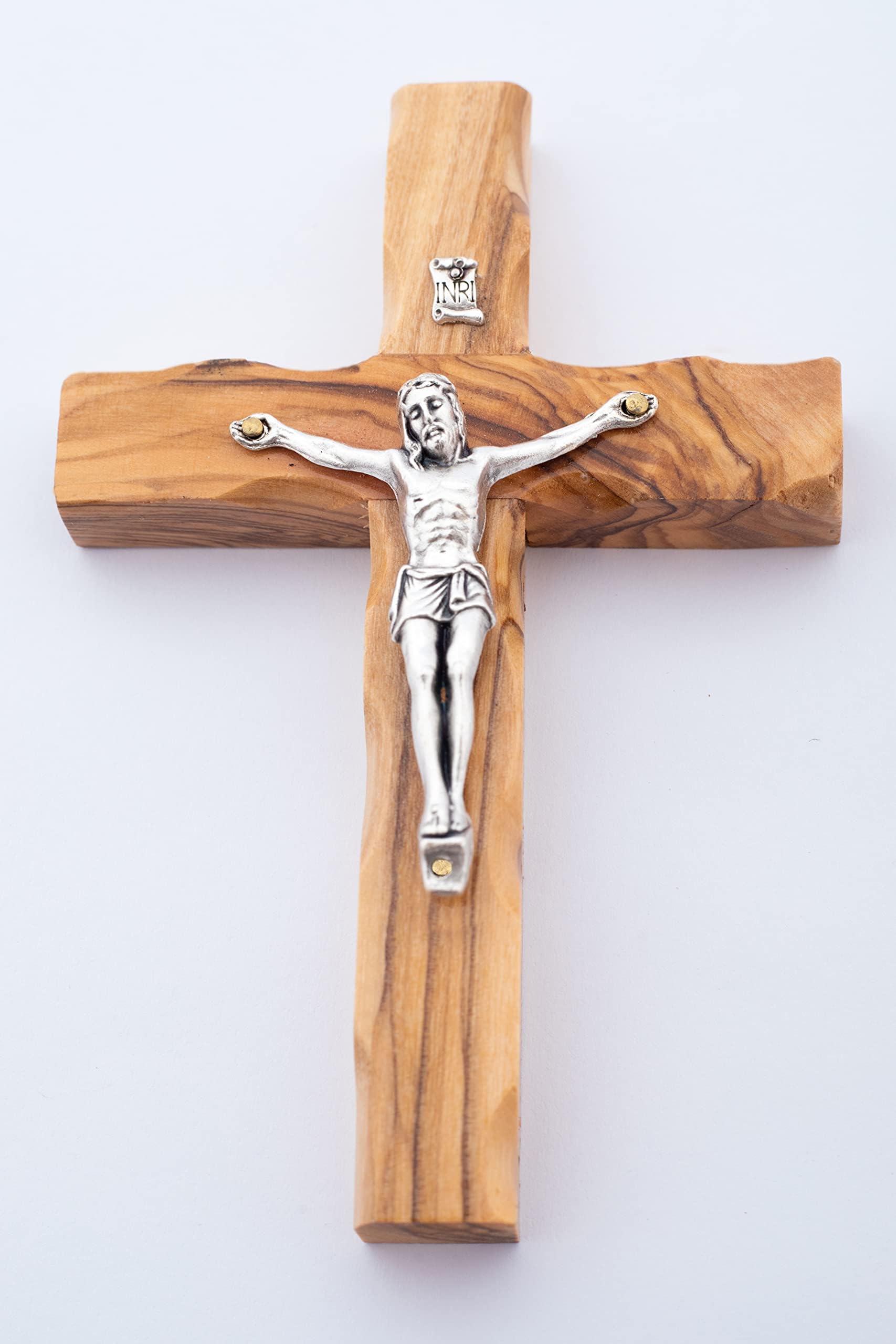 Olive Wood Gifts Shop Hand Made Olive Wood Cross with Silver Plated Metal (Crucifix 4.7 Inch) - Wall Hanging, from the Holy Land Where Jesus Was Born, Crucified and Rose on the 3rd Day