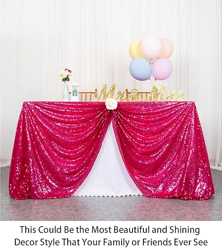 Miniatura 4 de Mantel rectangular de lentejuelas de 50 x 72 pulgadas, color rosa intenso para fiestas, mantel rectangular superpuesto de tela de lentejuelas