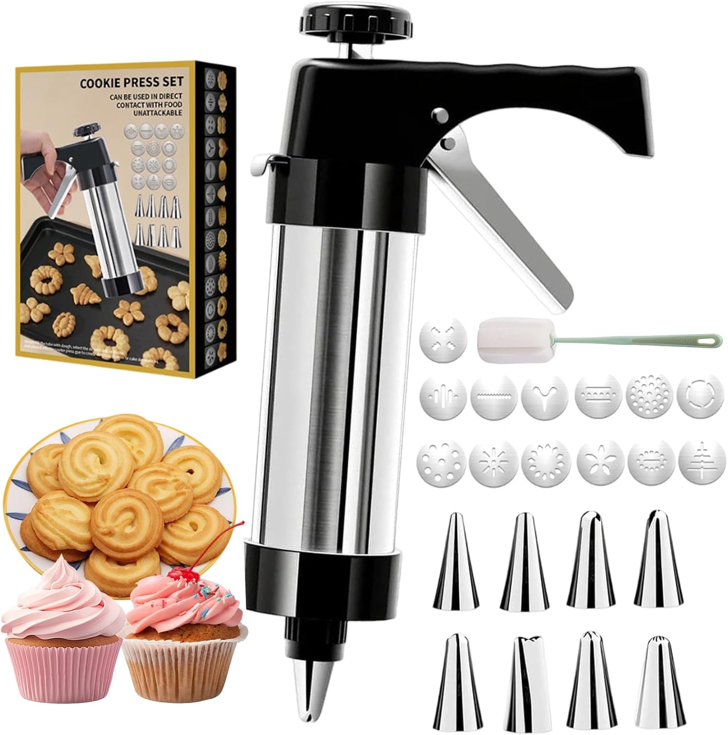 Stainless Steel Cookies Press, 2026 Upgraded Spritz Cookie Press Gun Kit with 8 Icing Tips and 13 Cookie Discs, Cookie Maker Machine for Kitchen Baking Supplies (BLACK)