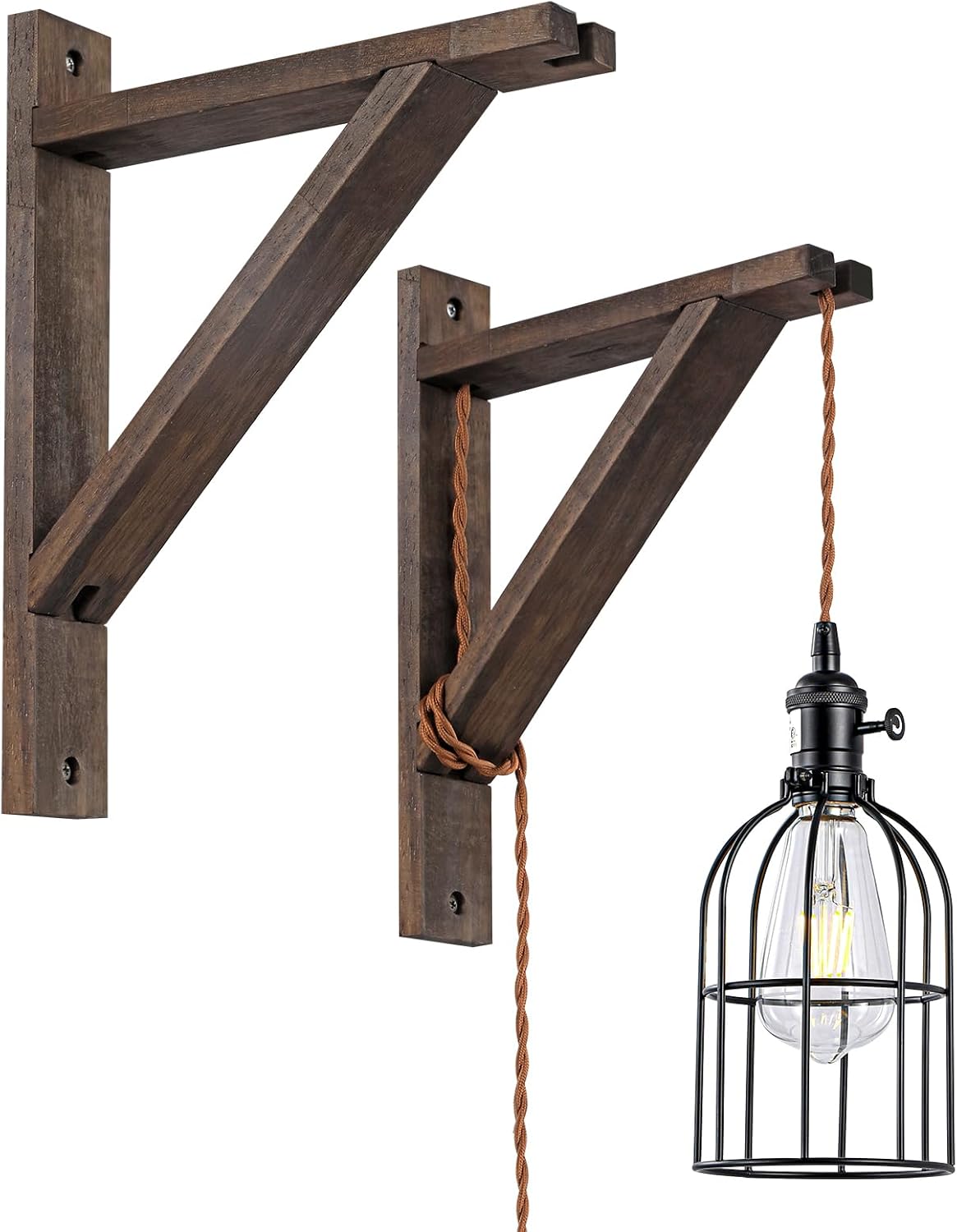 SEEBLEN Rustic Wood Wall Mount Bracket Set of 2 - Natural Triangle Shelf for Hanging Pendant Lights, Planters & DIY Décor - Adjustable Plug-in Cord Kit Fixture, Farmhouse & Industrial Home Decor