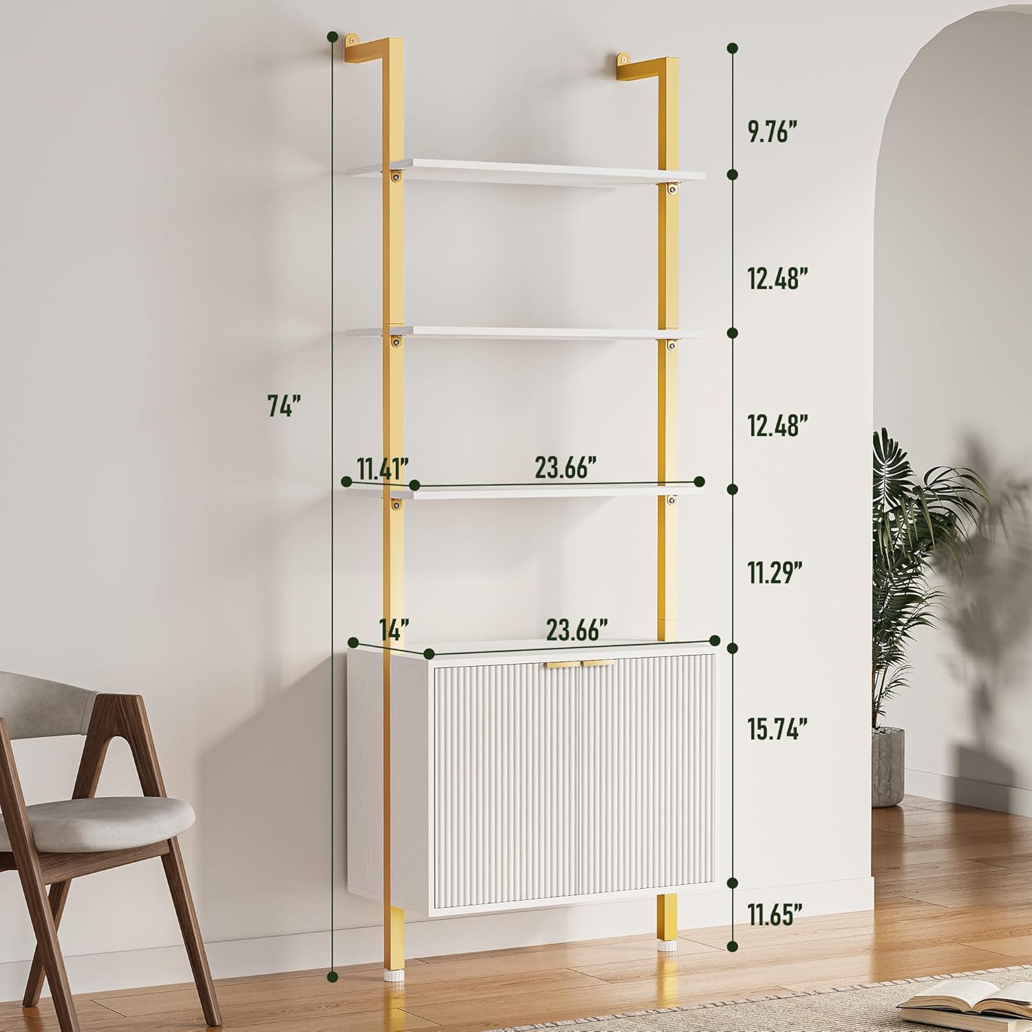 INNOD 74" Tall Bookshelf with Storage Cabinet, Modern Ladder Shelf with Wood and Metal Frame, Wall Mount Bookcase Open Display Shelf Furniture for Living Room, Bedroom, Home Office, Gold