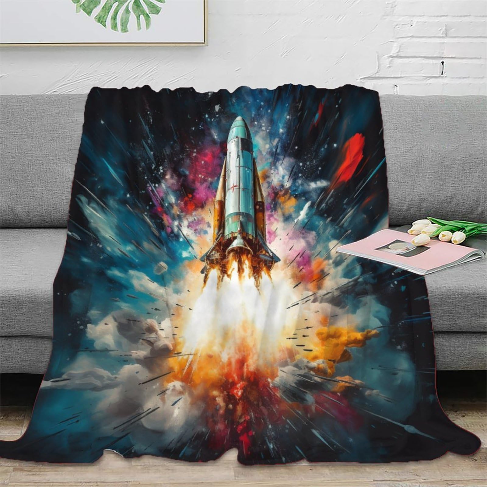 Spaceship Rocket Printed Sofa Blanket,Soft Plush Travel Blanket,Bed Throw Blanket，for Kids Teens Adults All Season 60x80inch(150x200cm)