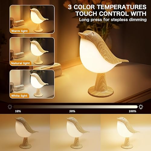 Miniatura 3 de VViN Pequeña lámpara de mesa LED inalámbrica, bonita lámpara de noche de pájaro con atenuador táctil, lámpara de mesa de noche de 3 niveles de