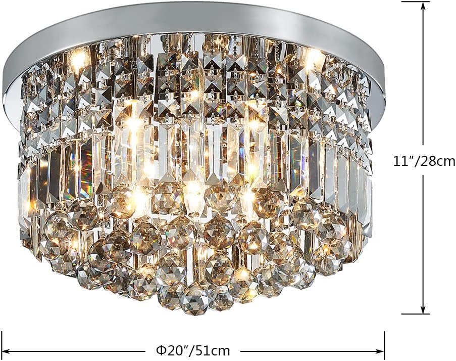 Saint Mossi 22003 Modern K9 Crystal Raindrop Chandelier Lighting, Flush Mount, Perfect for Dining Room Bedroom; 9 x E12 Bulb Base; Height 11" x Diameter 20"; Smoking-Grey Crystal & Chrome Finish