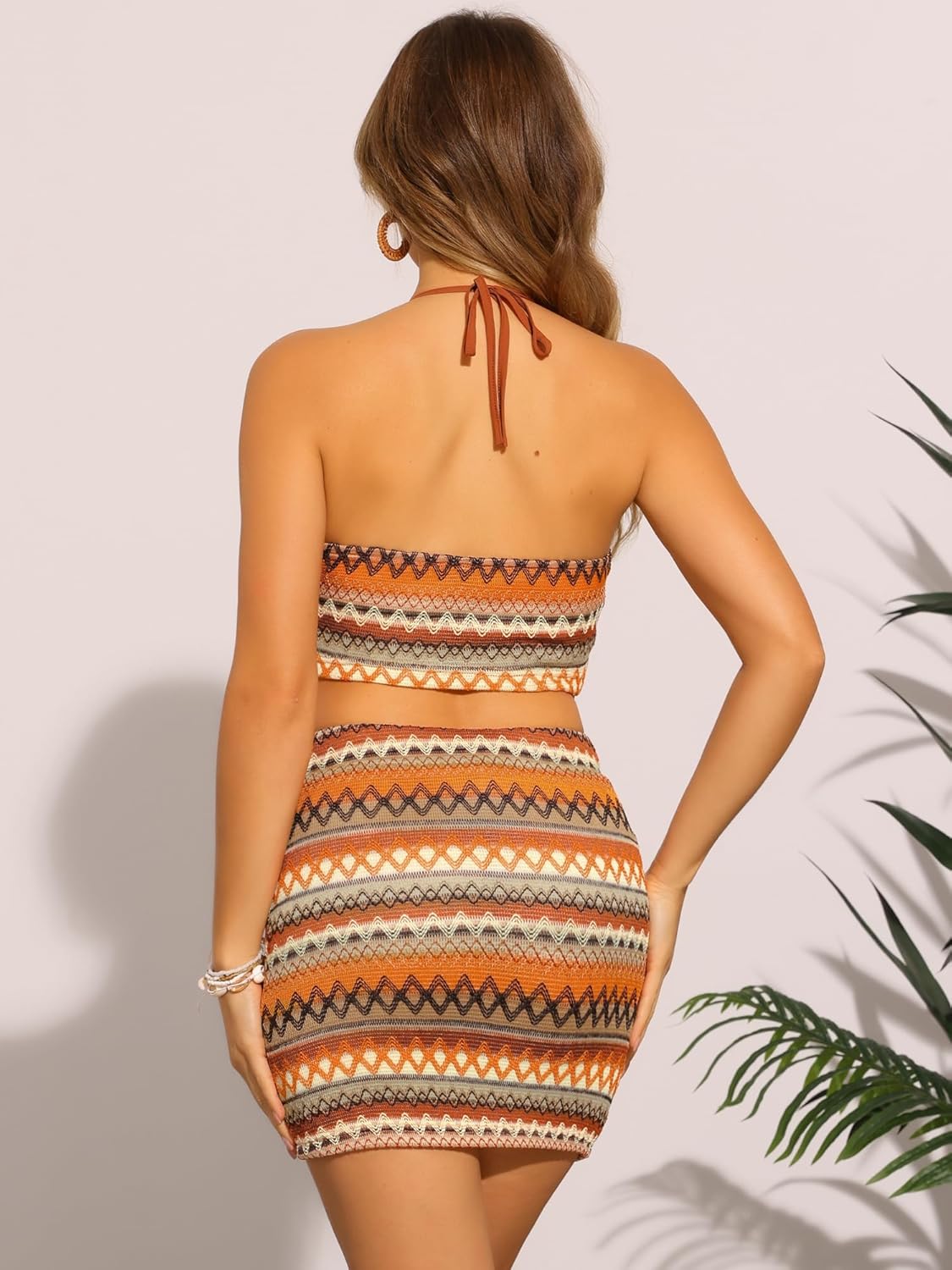 Allegra K 2 Piece Summer Beach Outfits for Women's Geometric Stripes Halter Crop Tops and Mini Skirt Sets - Image 3