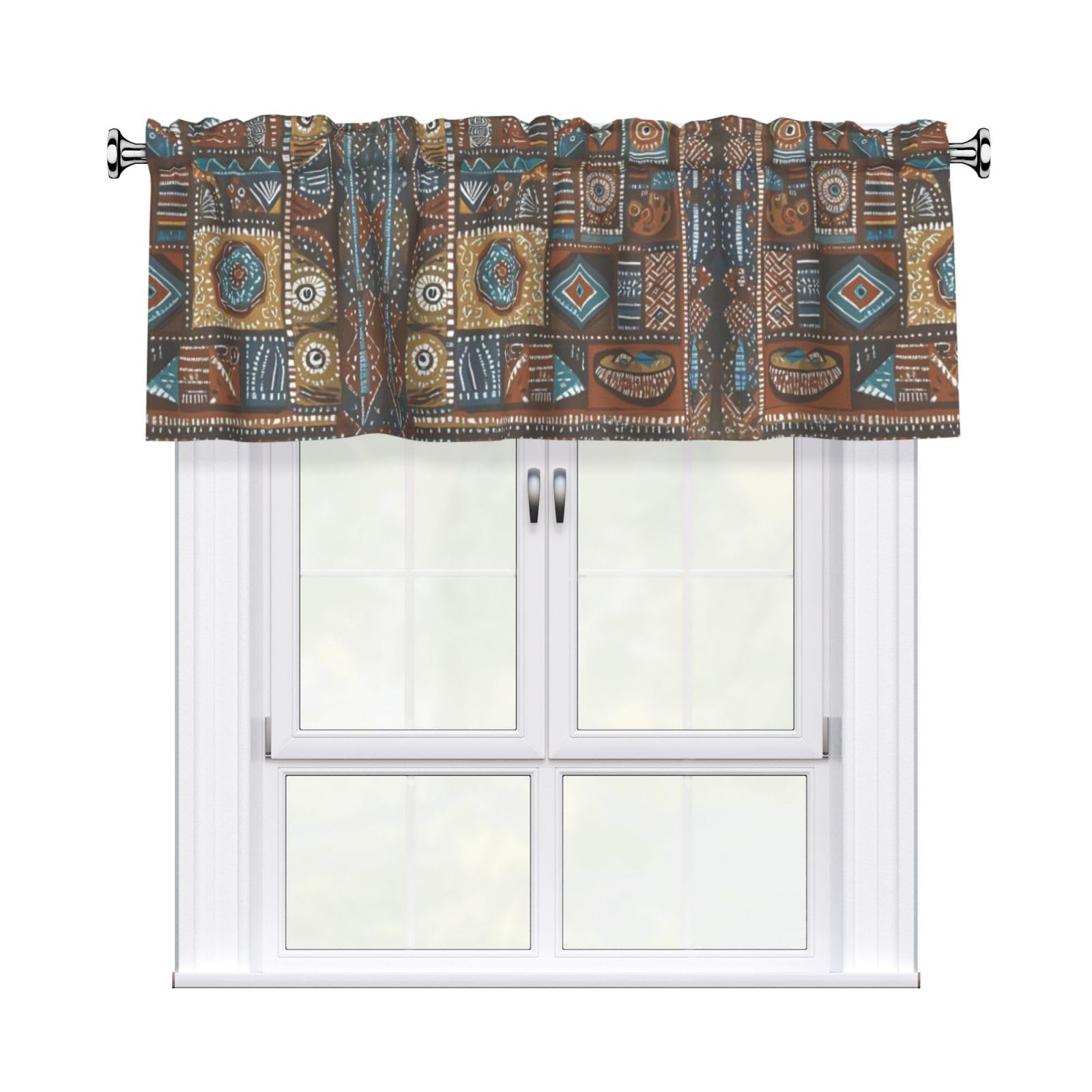 LMNGH African Mud Cloth Tribal Curtain Valance for Windows,Kitchen Window Curtains Blackout Drapes Window Treatments Decorative Rod Pocket Short Curtain for Living Room Bedroom,54" W x 18" L