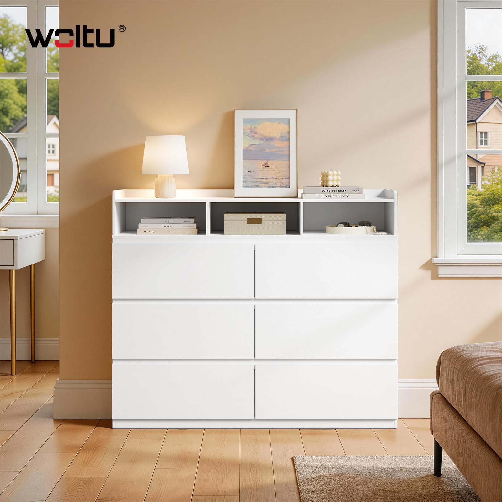 WOLTU Cassettiera con 6 Cassetti, Mobiletto Salvaspazio | con 3 Scomparti Aperti e 1 Piano a Bordi Rialzati, 120x40x100 cm, in Legno, per Camera da Letto, Soggiorno, Ingresso, Bianco