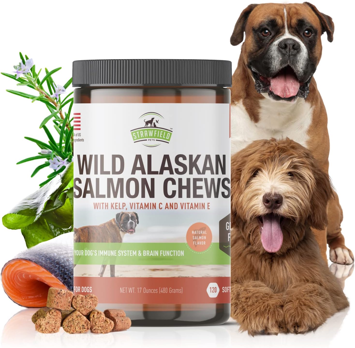 Strawfield PetsSalmon Dog Chews Omega 3 Fish Oil Chews with Wild Alaskan Salmon Oil Skin & Coat + Seasonal Allergy Support Hip & Joint Dog Supplement + EPA & DHA Made in USA