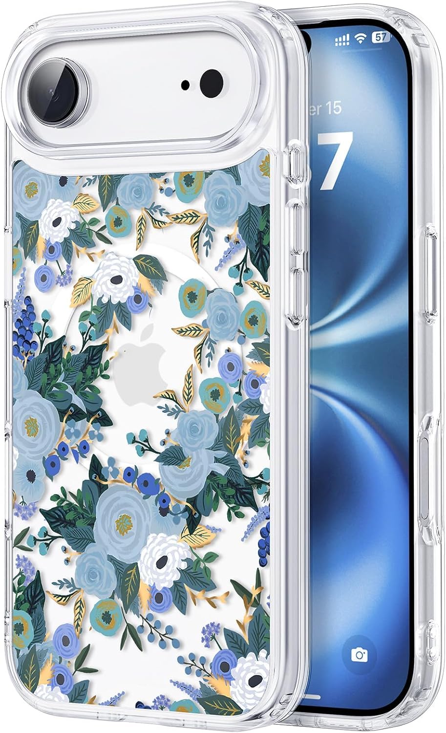 Clear Phone Case for iPhone 17 Air Compatible with Magsafe, Cute Blue Flowers Design Magnetic Shock Proof Heavy-Duty Protection for Men Boys Women Girls
