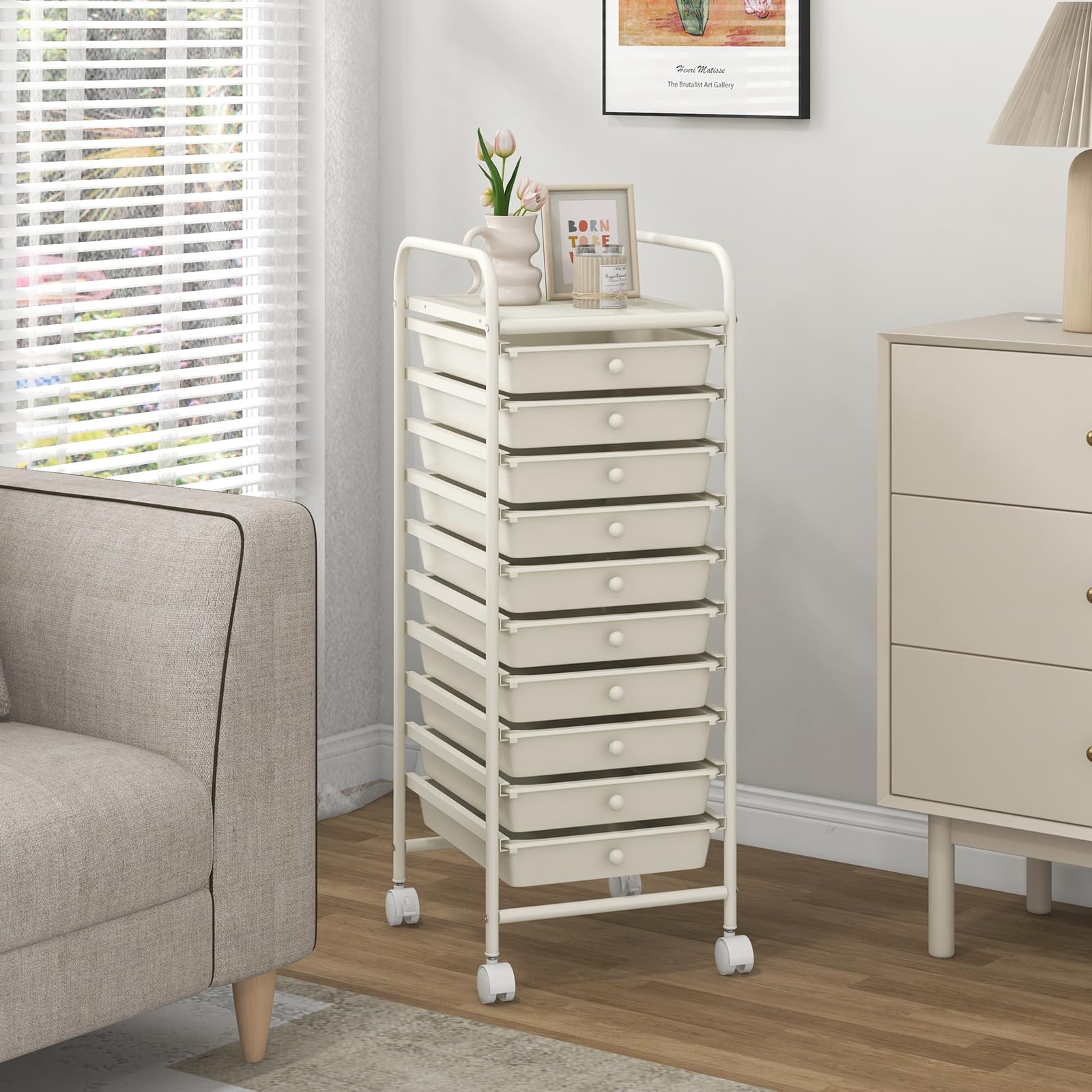 GIANTEX Carro de Almacenamiento 10 Cajones, Estantería con 4 Ruedas (2 con Frenos), Carrito de Plástico con Marco de Metal, Organizador para Oficina, Cocina, Baño, 33x37x86 cm (Blanco)