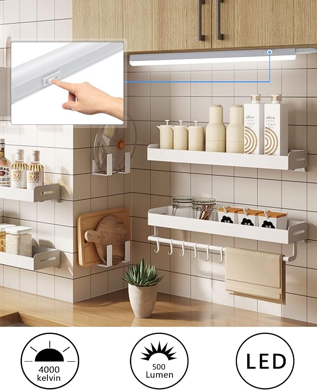 BOYIR LED konyhapult alá szerelhető fénycsík lámpa kapcsolóval 14W 88,6 cm 1400 lm semleges fehér 4000K bővíthető szekrény világítás polcokh
