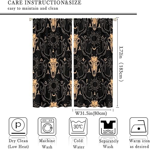 Vista 308 de Cortinas de cabeza de cabra, misteriosa cabeza de cabra malvada, calavera negra, bolsillo para barra, cortinas opacas para ventana, juego de 2