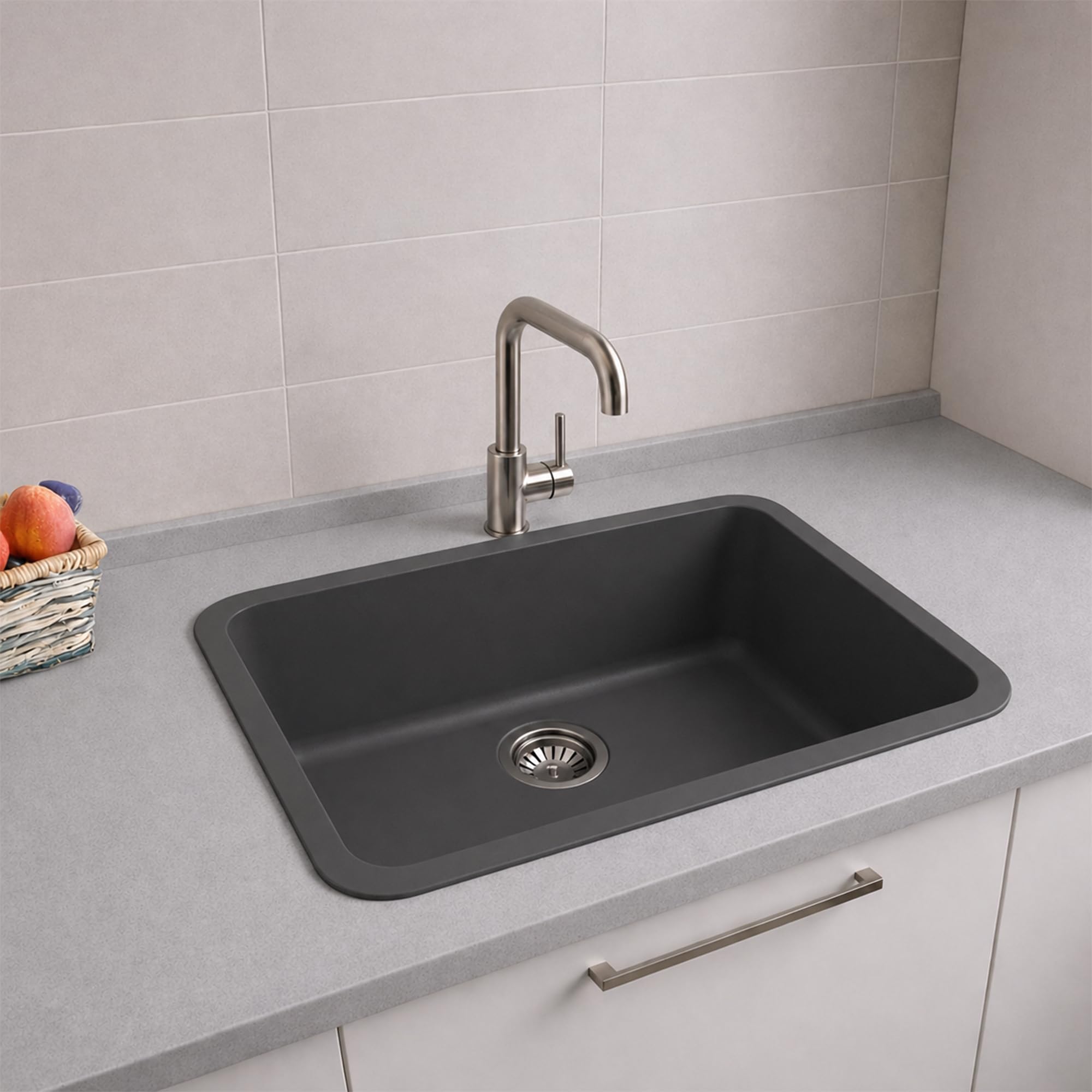 Carissa By Carysil™ Steloz Quartz Kitchen Sink 24 x 20 x 8 inches, Single Bowl Granite Sink with 80% Quartz & 20% Resin, Heat Resistant 300°C, 50kg Load Bearing, Stain Resistant, SS Coupling - Z-Black-image-8
