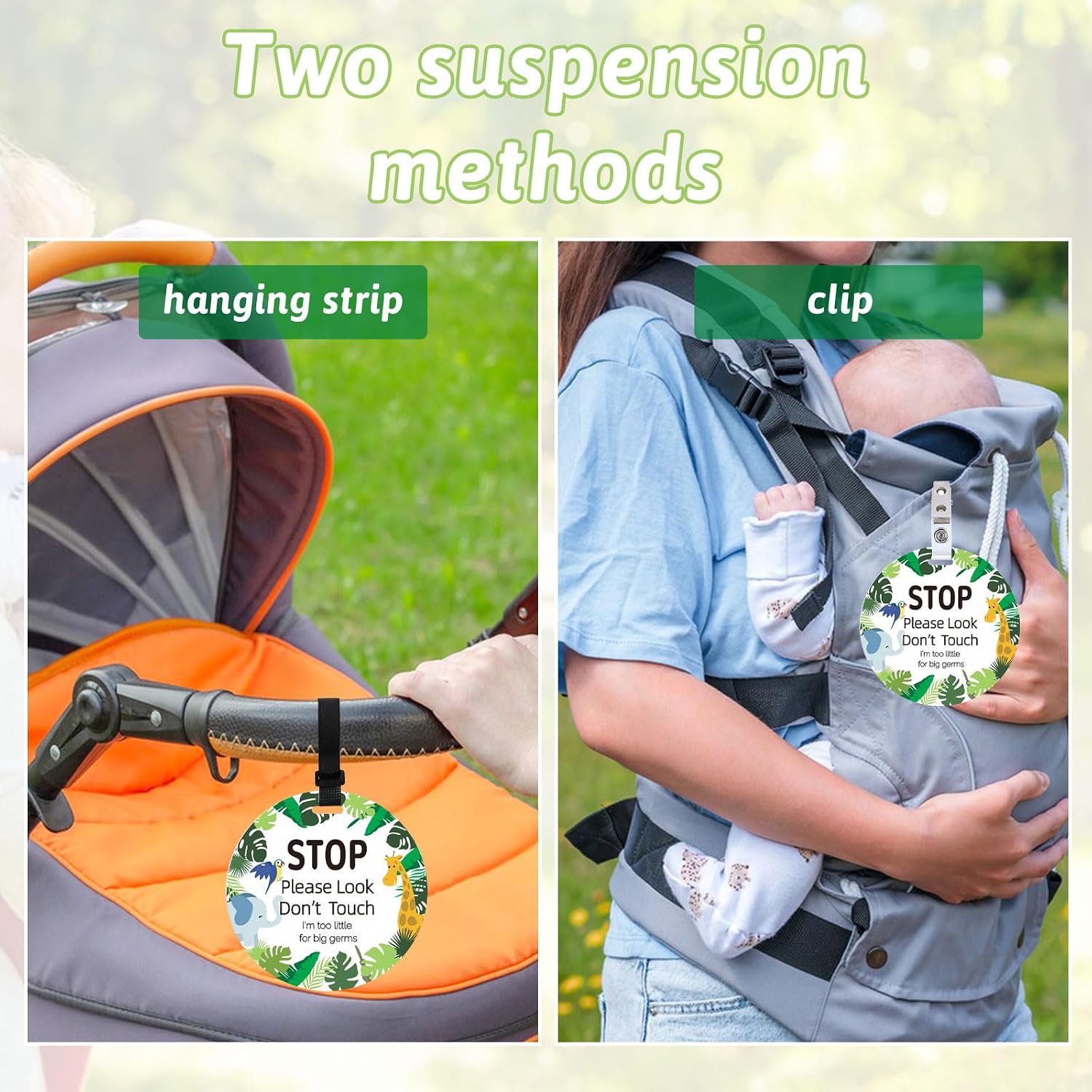 ORIGACH 2 Pack Animals No Touching Baby Signs, Stop Do Not Touch Baby Car Seat Sign Stroller Tags with Hanging Strap and Clip, No Touching Baby Sign for Newborn Baby Boy Girl
