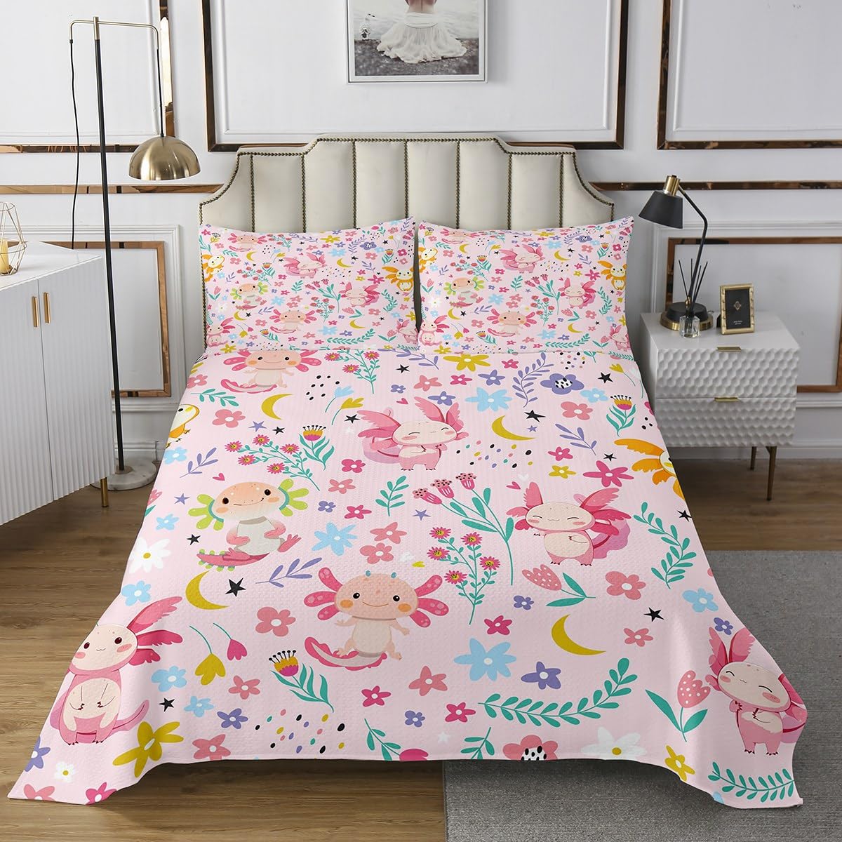 jejeloiu Cute Axolotl Coverlet Set Cartoon Salamander Bedspread for Kids Boys Girls Teens Room Decor Kawaii Ocean Sealife Reptile Animal Quilted Coverlet Twin Size Botanical Floral Quilted
