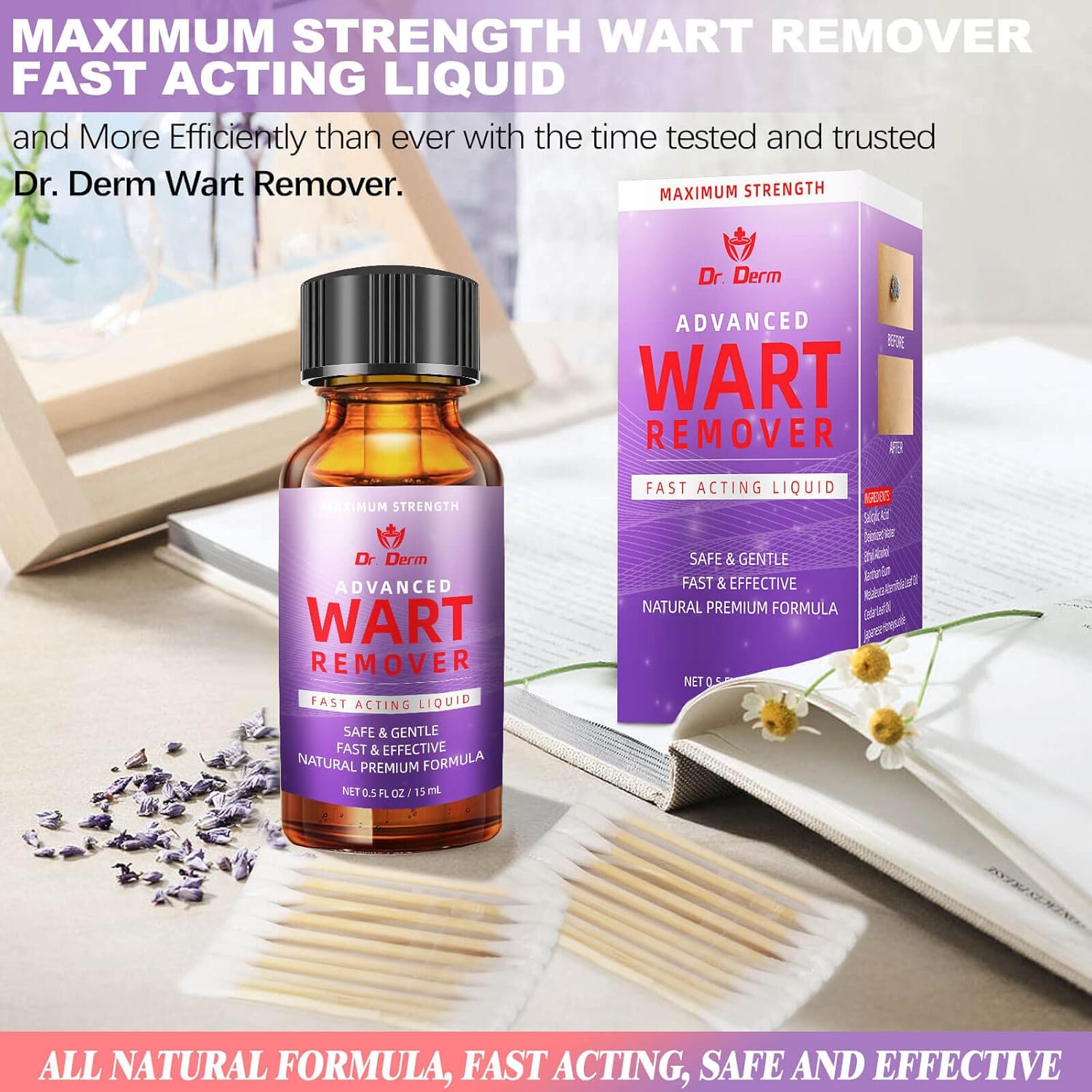 DR. DERM Wart Remover Maximum Strength - Wart Remover Fast Acting Liquid Gel - Plantar and Genital Wart Treatment, Wart & Corn Remover for Corn, Common Wart, Flat Wart, Natural and Safe - 0.5 Fl Oz : Health & Household
