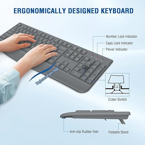 Miniatura 3 de Combo de teclado y mouse inalámbricos, tamaño completo de 2.4 GHz, cómodo reposamanos y mouse inalámbrico óptico para Windows, Mac OS PCcomputadoras
