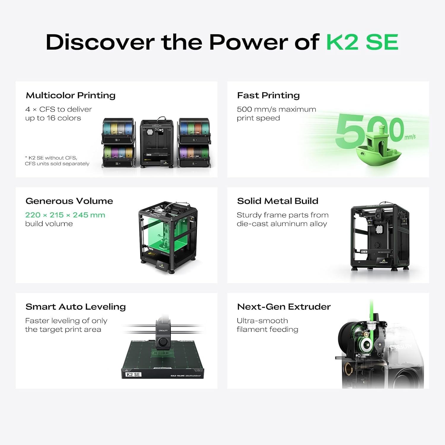 Creality K2 SE 3D Printer, Support Multicolor Printing Needs CFS, 500mm/s High-Speed Printing, Auto Leveling, Vibration Control, Compact Desktop Upgrate 3D Printer, Print Size 220x215x245mm