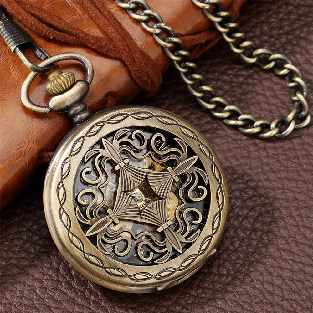 Taschenuhr, bronzefarbene, Hohle, mechanische Taschenuhr mit Handaufzug, antike Taschenuhr, Klassische, antike Taschenuhr mit Anhängerkette