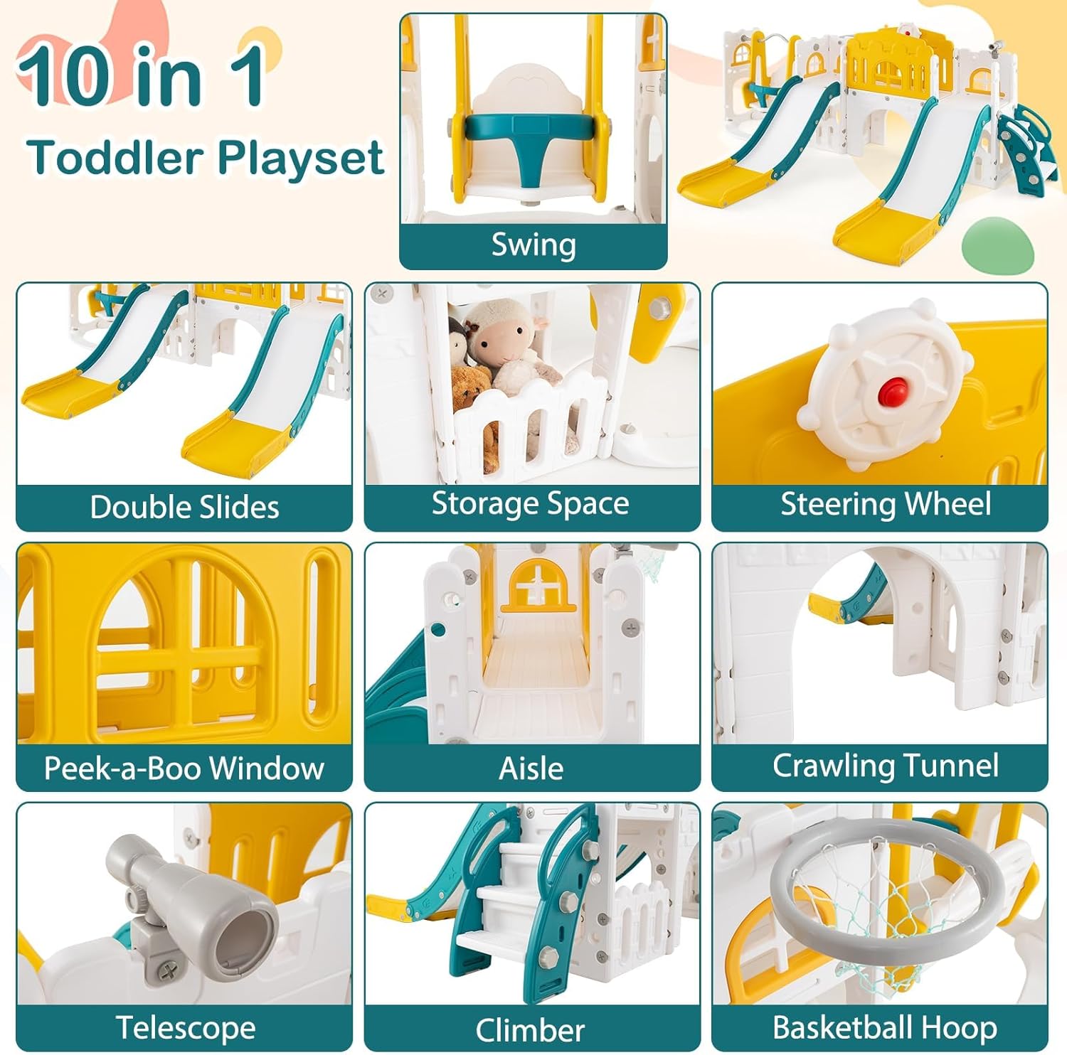 Costzon 10 in 1 Toddler Swing and Slide, Double Kids Slide and Climber Playset w/Aisle, Peek-a-Boo Window & Storage Space, Baby Indoor Playground for Aged 1+ (Yellow+Blue-2 Slides,100" × 68.5" × 40")