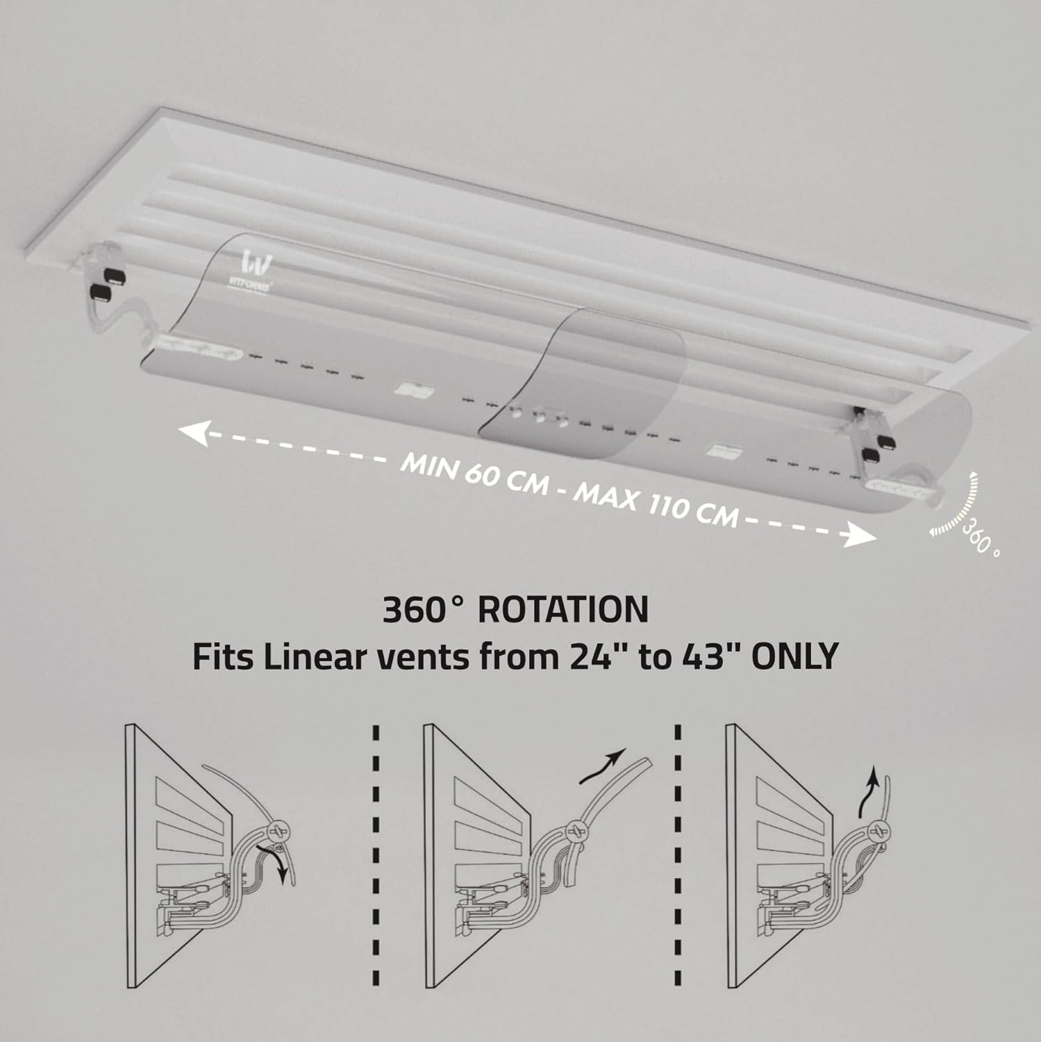 WITFORMS Grille Adjustable AC Air Deflector - 360° Rotatable - Extends 24" to 43" Length - Fits Most Standard Liner Central Air Vents - Transparent Design - Measure Before Purchase