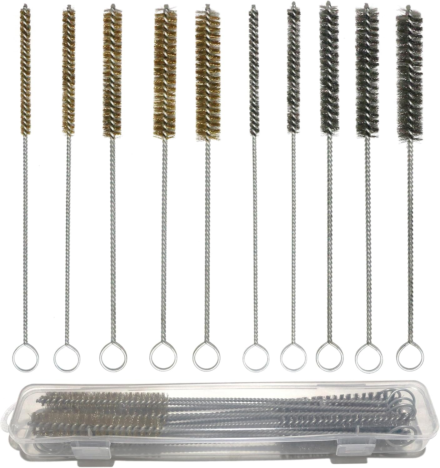 10-Pieces Wire Tube Brushes, 5pcs Brass and 5pcs Stainless Steel Wire Brush 11.8 Inch Long Cleaning Brush for Parts, Engine, Tubes, Cylinders