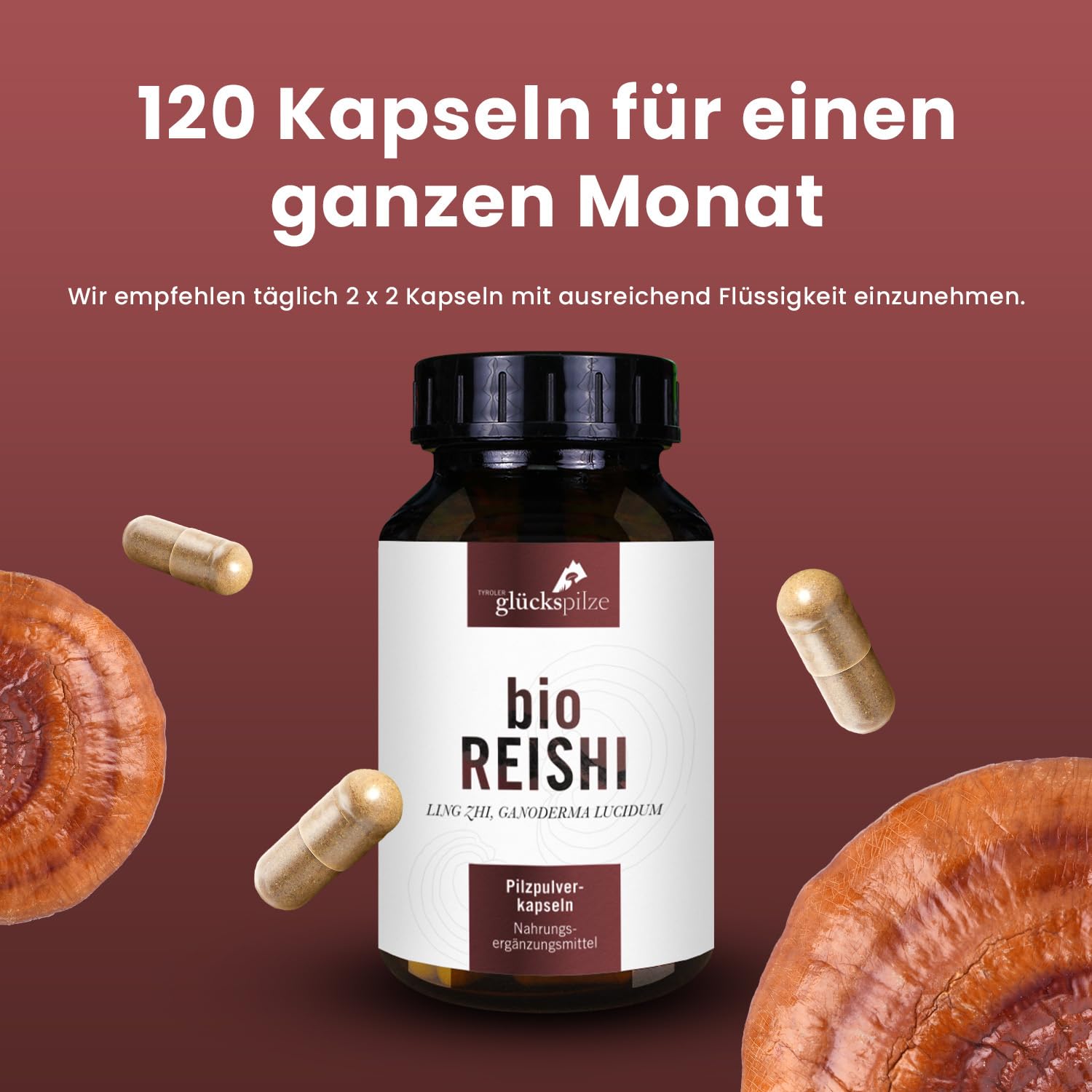 BIO Reishi Kapseln - Reishi Pilz Pulver Kapseln vom ganzen Pilz - Vitalpilz Ganoderma lucidum Pilzpulverkapseln ultrafein vermahlen - AT-BIO-701 Bio-Zucht in Österreich - 120 Stk