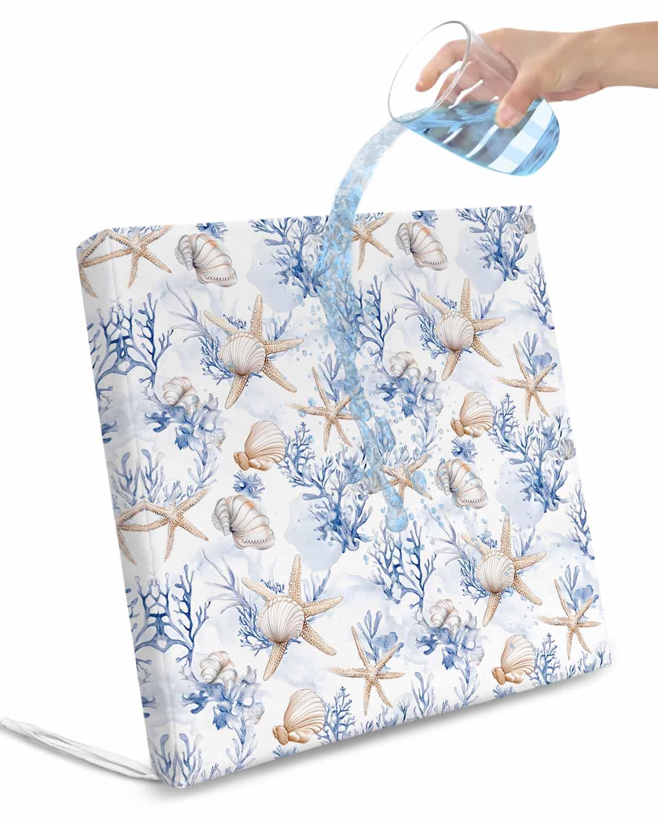 2 Pack Blue Coastal Waterproof Cushion Covers with Ties, Outdoor Patio Chaise Lounge Chair Seat Cushion Slip Covers Replacement(Only Cover) Summer Beach Coral Starfish Shell Nautical 24