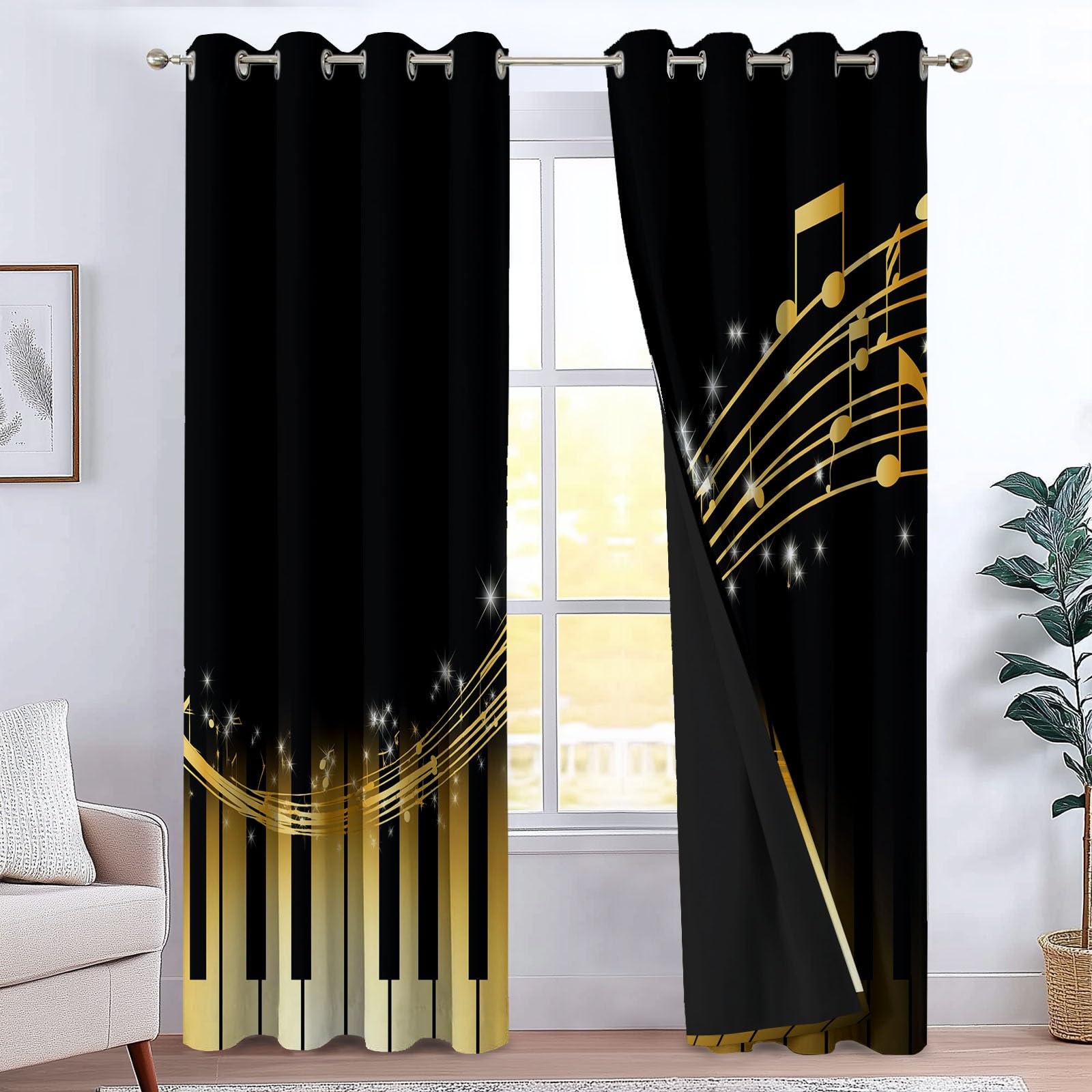 CozyRest Tende Oscuranti 2 Pannelli con Anelli Occhielli Tenda Tasti del pianoforte cultura musicale, Termiche Oscuranti Isolanti per Camera da Letto Soggiorno Privacy Nero 234 x 229 cm