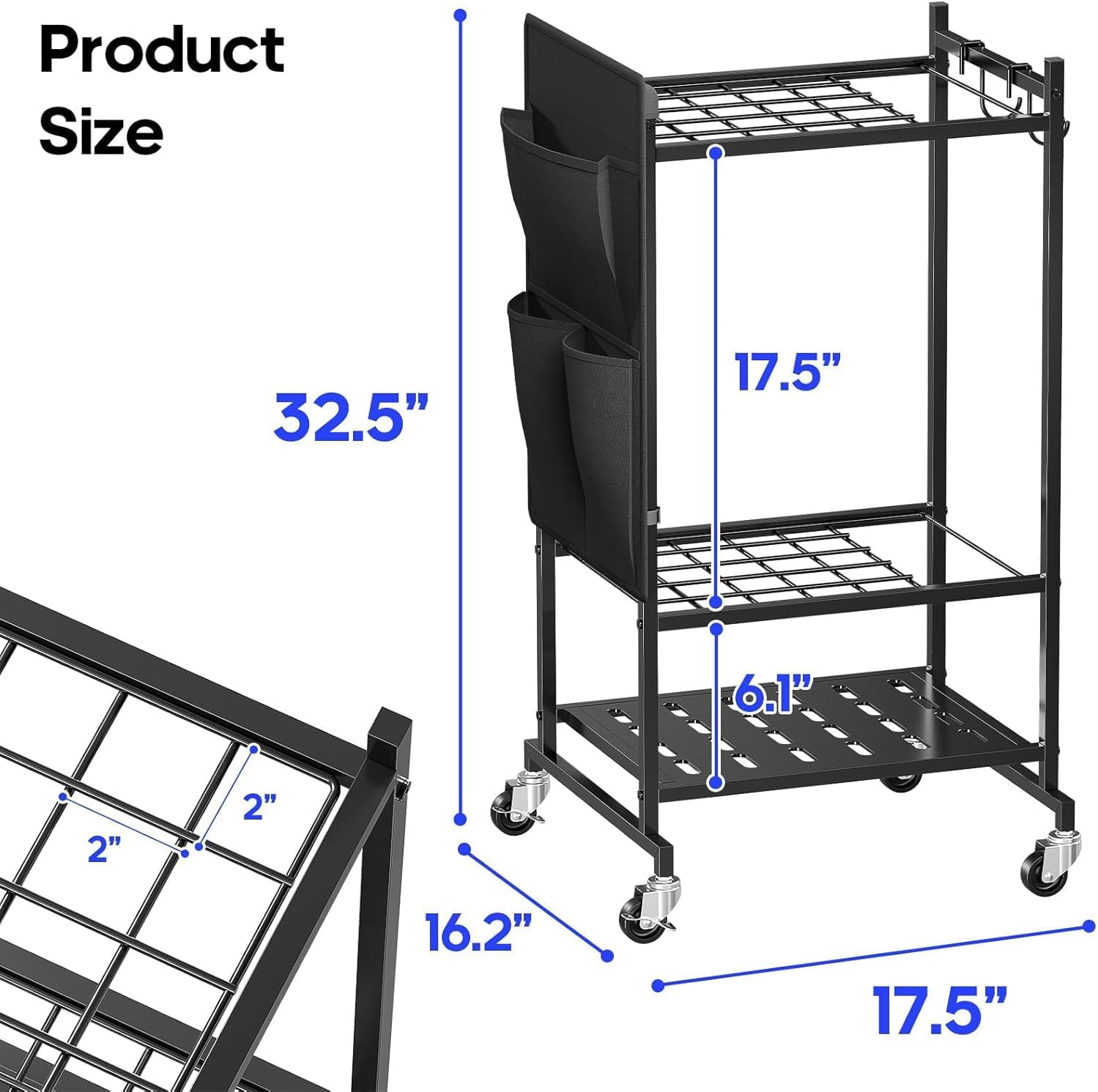 SUFAUY Garden Tool Organizer, Rolling Heavy-Duty Garage Tool Stand, Yard Storage Rack with Casters and Hooks, Black