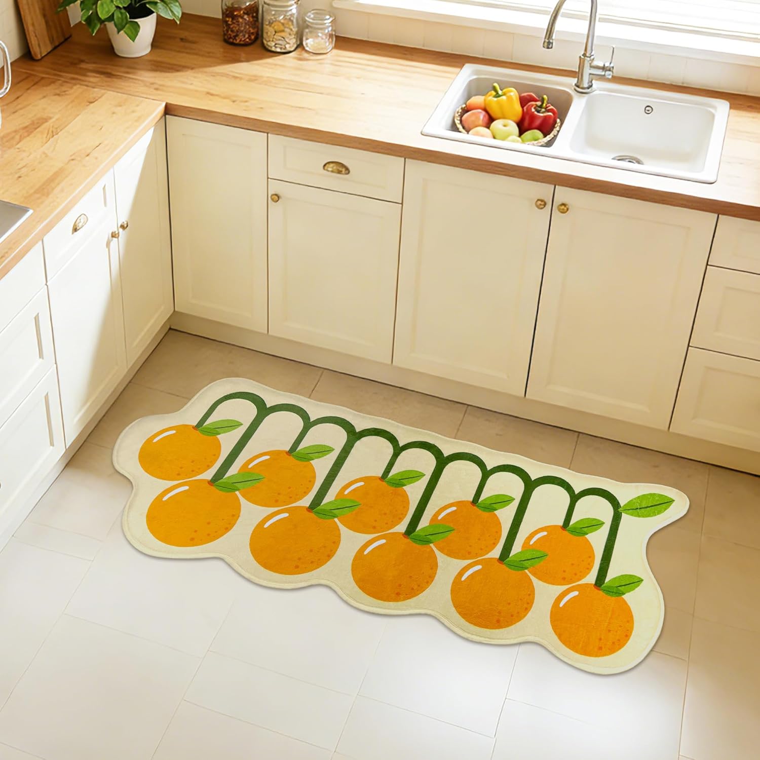 Irregular Runner Rug, Soft Low-Pile Non Slip Backing Washable Kitchen Laundry Mat Cute Fruit Shape Aesthetic Accent Rug Home Decor for Bedroom Living Room Entryway, 20"x48", Orange