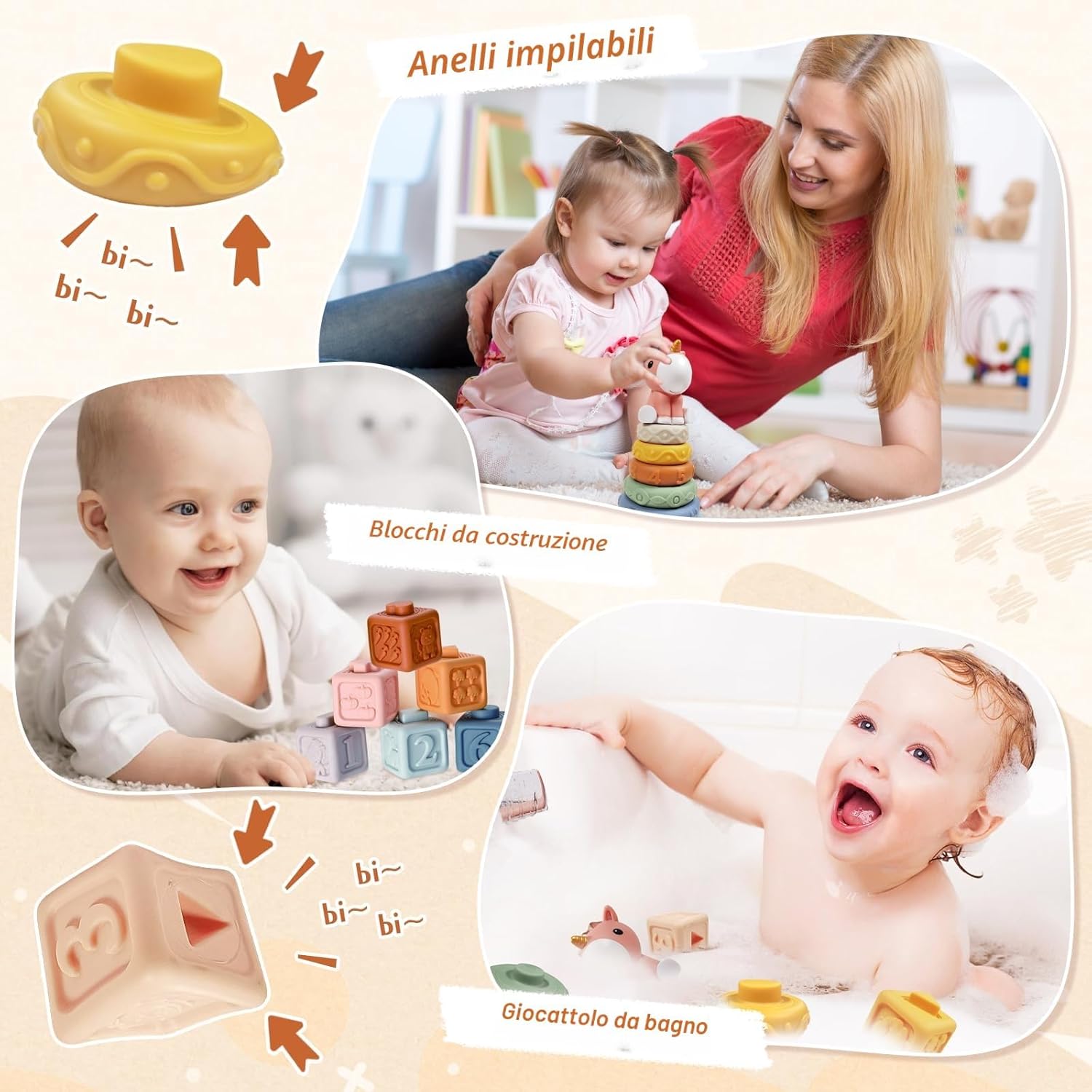 Montessori Toys for 6-12 Months, 4 in 1 Baby Toys for 6 Month Old | Soft Stacking Blocks, Baby Tissue Toy, Teething Toy, Fine Motor & Cognitive Skills, Montessori Toys for Babies 6-12-18 Months