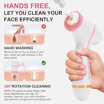Facial Cleansing Brush, Waterproof Dual-Rotation Face Scrubber Exfoliator with 3 Brush Heads and 2 Adjustable Speeds, Rechargeable Exfoliating Face Brushes for Cleansing and Skin Care (Pink)