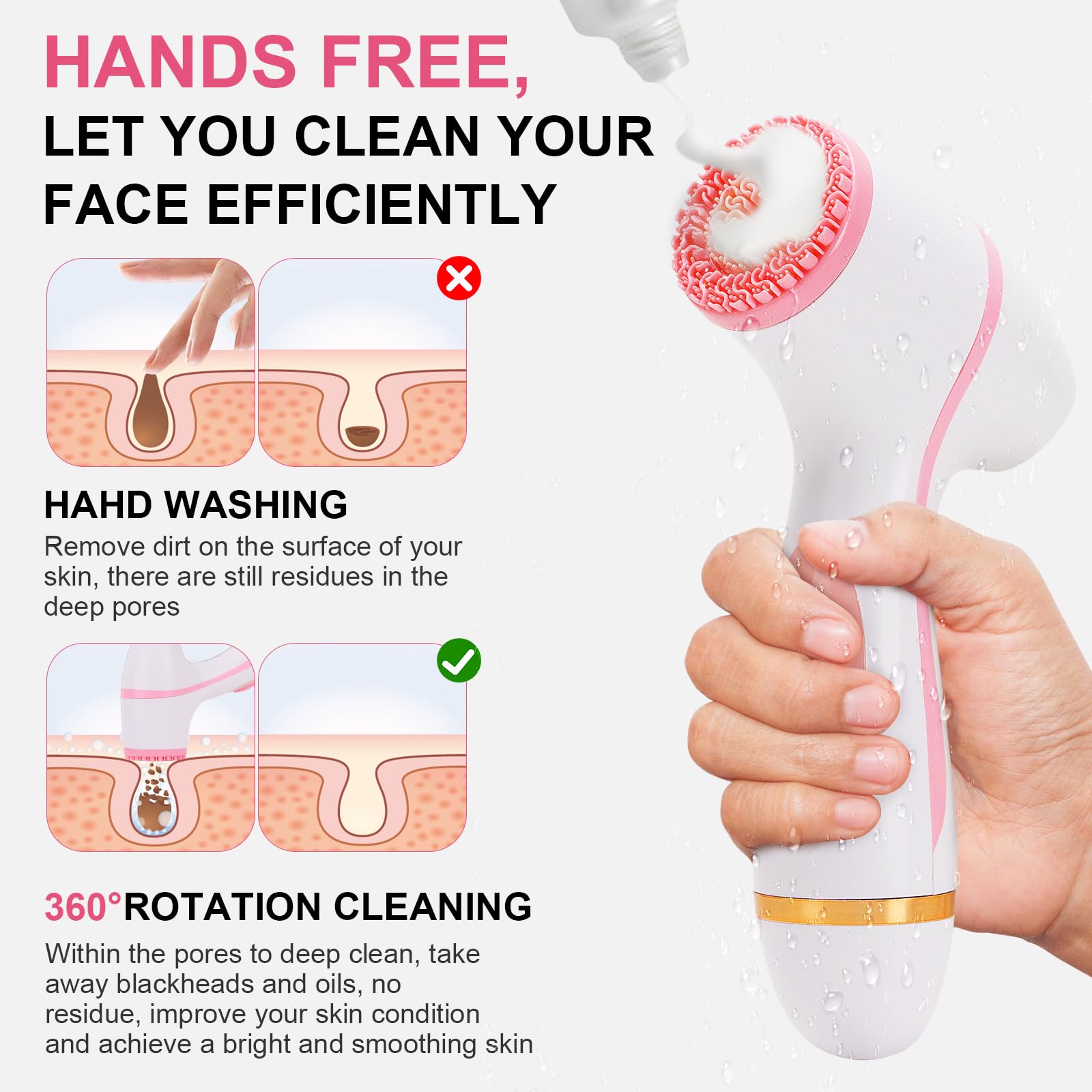 Facial Cleansing Brush, Waterproof Dual-Rotation Face Scrubber Exfoliator with 3 Brush Heads and 2 Adjustable Speeds, Rechargeable Exfoliating Face Brushes for Cleansing and Skin Care (Pink)