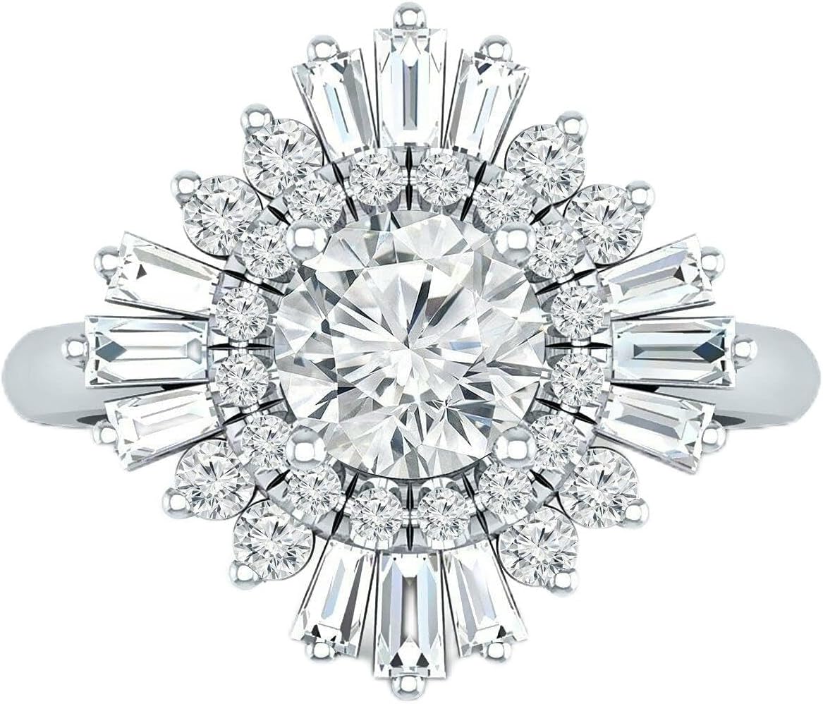 Round & Baguette Cut D/VVS1 Diamond Engagement Ballerina Halo Wedding Cluster Ring For Women's 14K White Gold Plated 925 Sterling Sliver