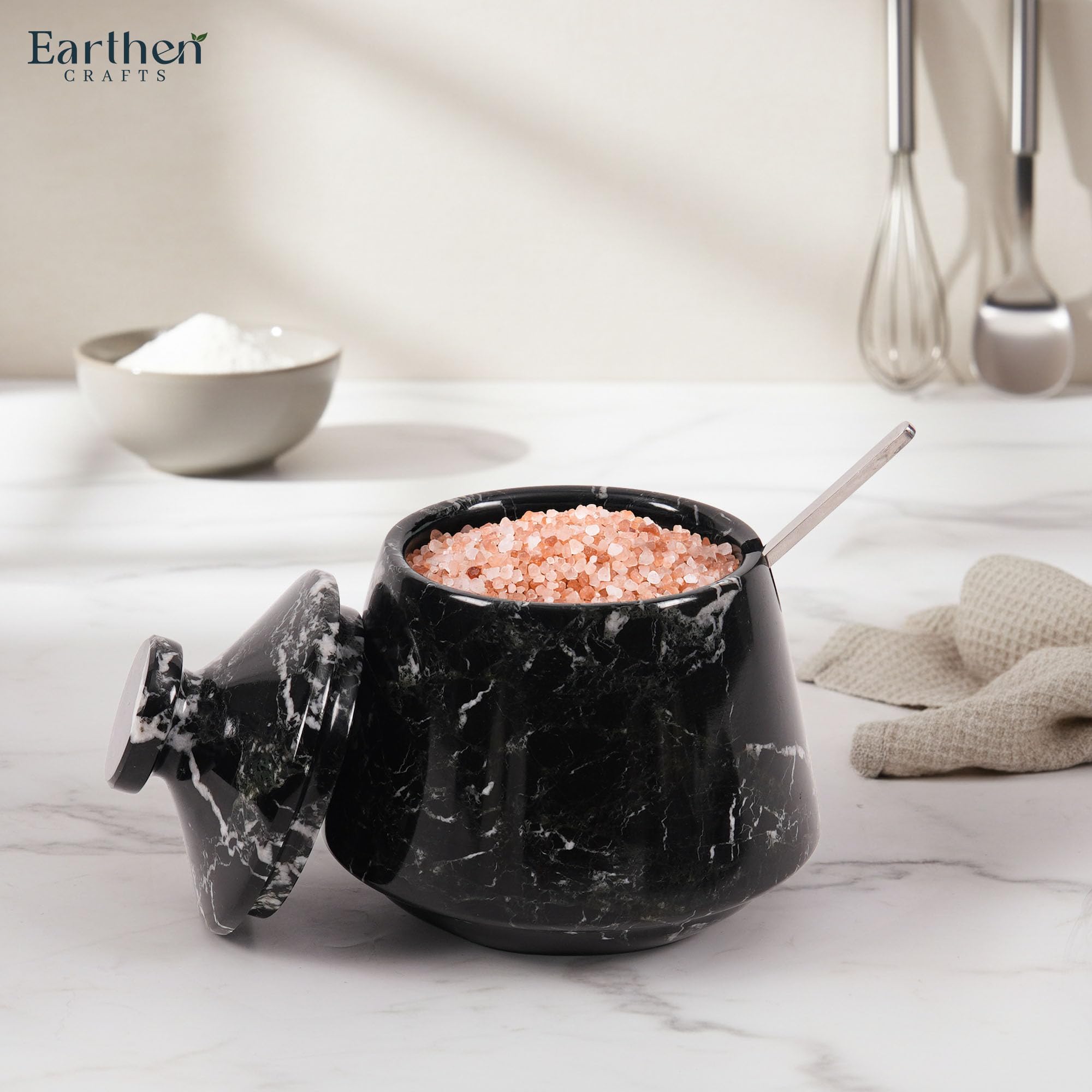 Salero de mármol con tapa y cuchara, azucarero hecho a mano en cebra negra de 10 cm, contenedores de condimentos, portasal y pimienta, almacenamiento para joyas, recipiente de sal