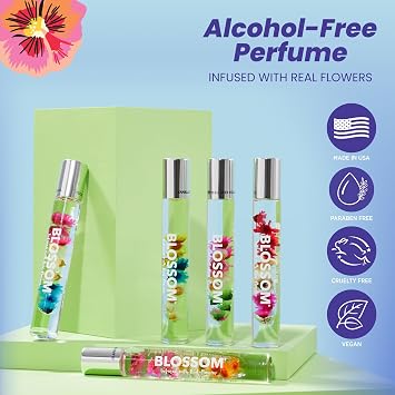 Blossom Roll on Perfume for Women Alcohol Free, 0.3oz, 3 pack Mini Gift Set | Infused with Real Flowers, Made in USA, Hibiscus/Honey Jasmine/Rose, Perfumes for, Women's Fragrances Vanilla Honeysuckle