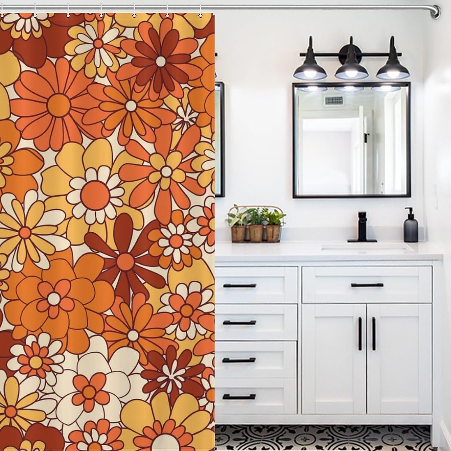 Ohocut Orange Floral Shower Curtain, Retro Boho Shower Curtains for Bathroom Aesthetic, Cute Groovy Flower Bath Curtains, Waterproof Polyester Fabric Fall Shower Curtain 72x72 Inch