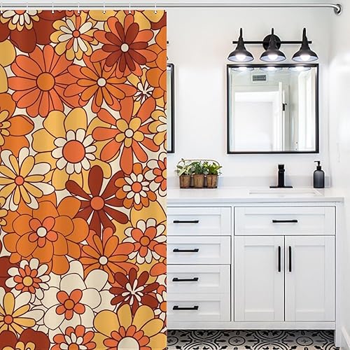 Miniatura 3 de Cortina de ducha floral naranja, cortinas de ducha retro bohemias para baño, bonitas cortinas de baño de flores geniales, cortina de ducha de otoño