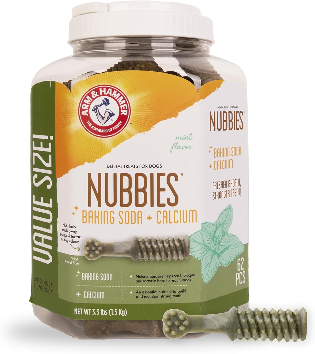 Arm & Hammer for Pets Nubbies Dental Treats Value Size – Baking Soda & Calcium Dog Dental Chews, Helps Scrub Plaque & Tartar While Chewing, Mint Flavor, 62 Count, 52.8 Oz