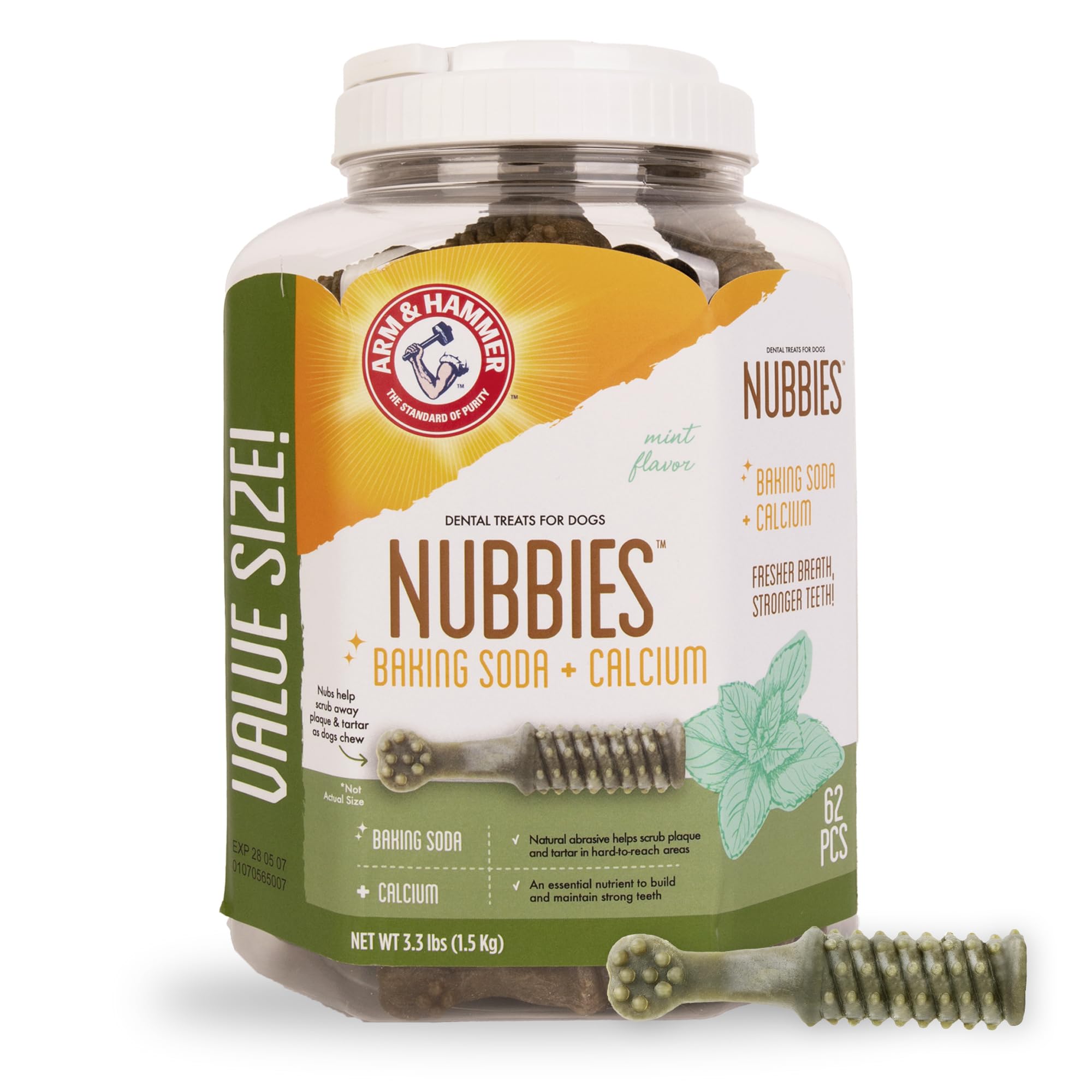 Arm & Hammer for Pets Nubbies Dental Treats for Dogs with Baking Soda and Calcium, Treat Chews Help Fight Bad Breath, Plaque & Tartar without Brushing, Md Size Mint, 62 Pcs (Packaging may vary)
