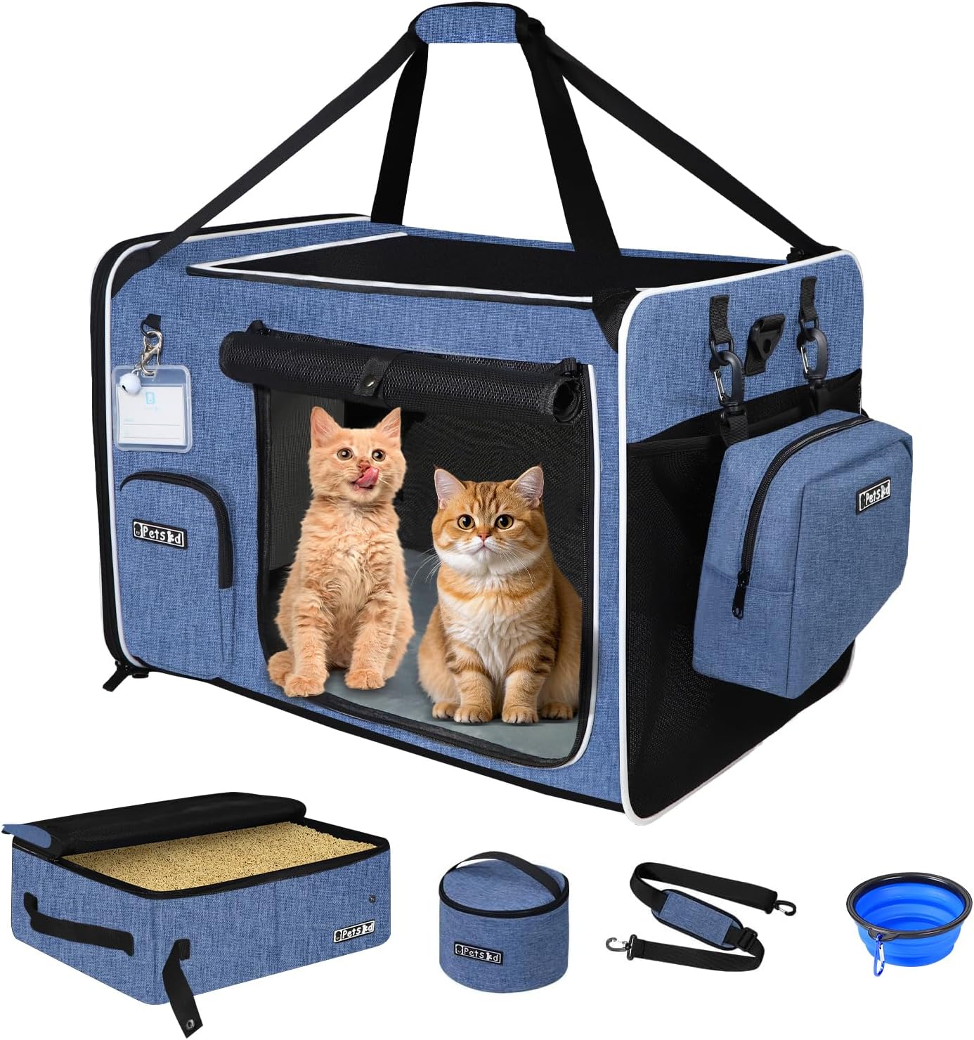 Petskd Extra Large Cat Carrier with Litter Box for Car Travel,24"x17"x17"Portable Soft-Sided Pet Carrier with Zipper Locks for Large Mudium Cats or 2 Small Cats Under 55LBS(Blue)