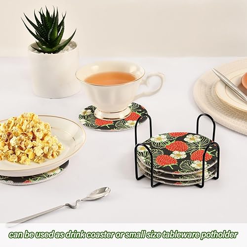 Miniatura 6 de innewgogo Wild Strawberries Flowers Leaves 6 Pcs Absorbent Drink Coasters for Tabletop Protection Handmade Round Woven Coaster with Holder & Heat