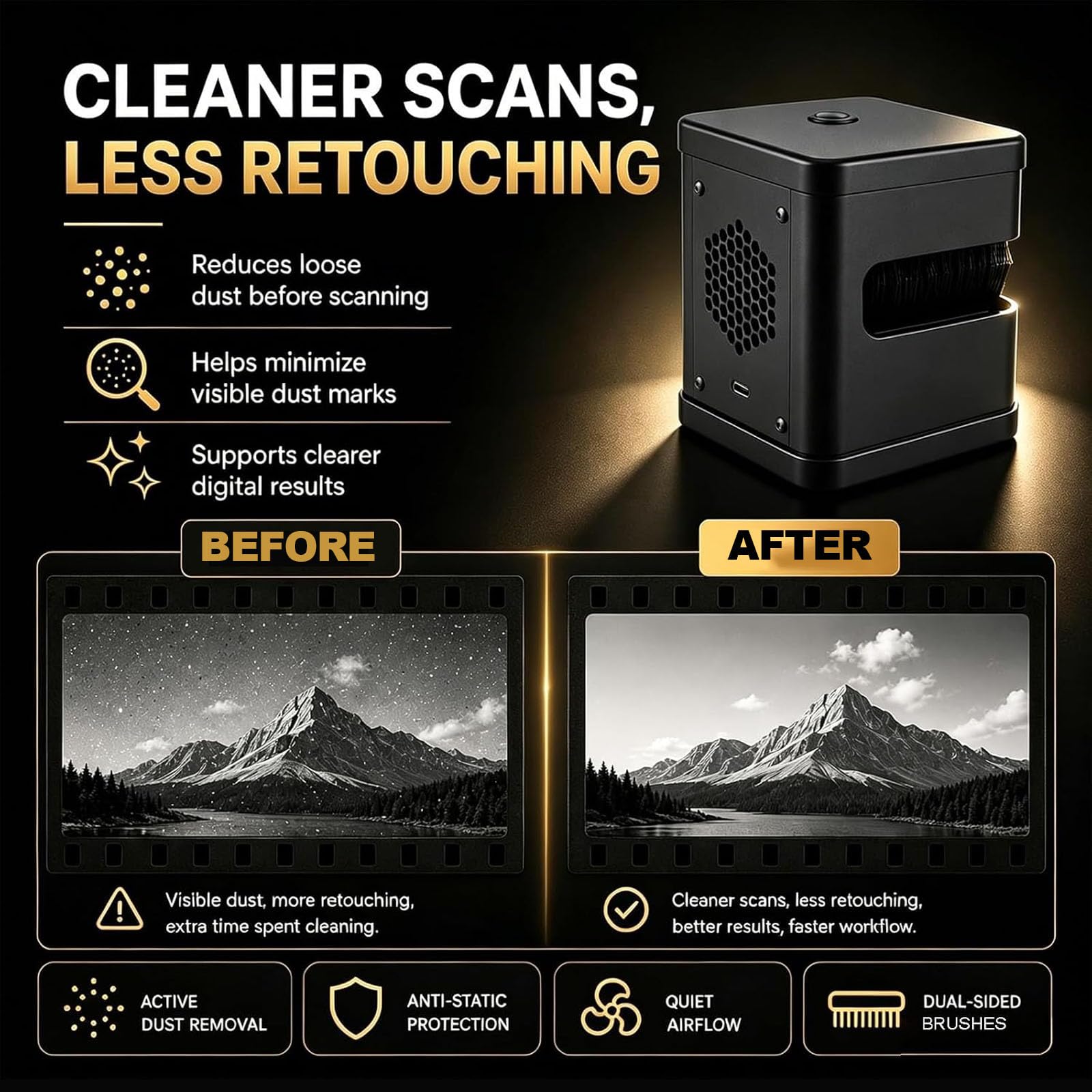 Removedor de polvo de película eléctrica, cepillo de limpieza antiestático, doble cara, bajo ruido, perfecto para negativos de 4 x 5, película deslizante y imágenes en movimiento